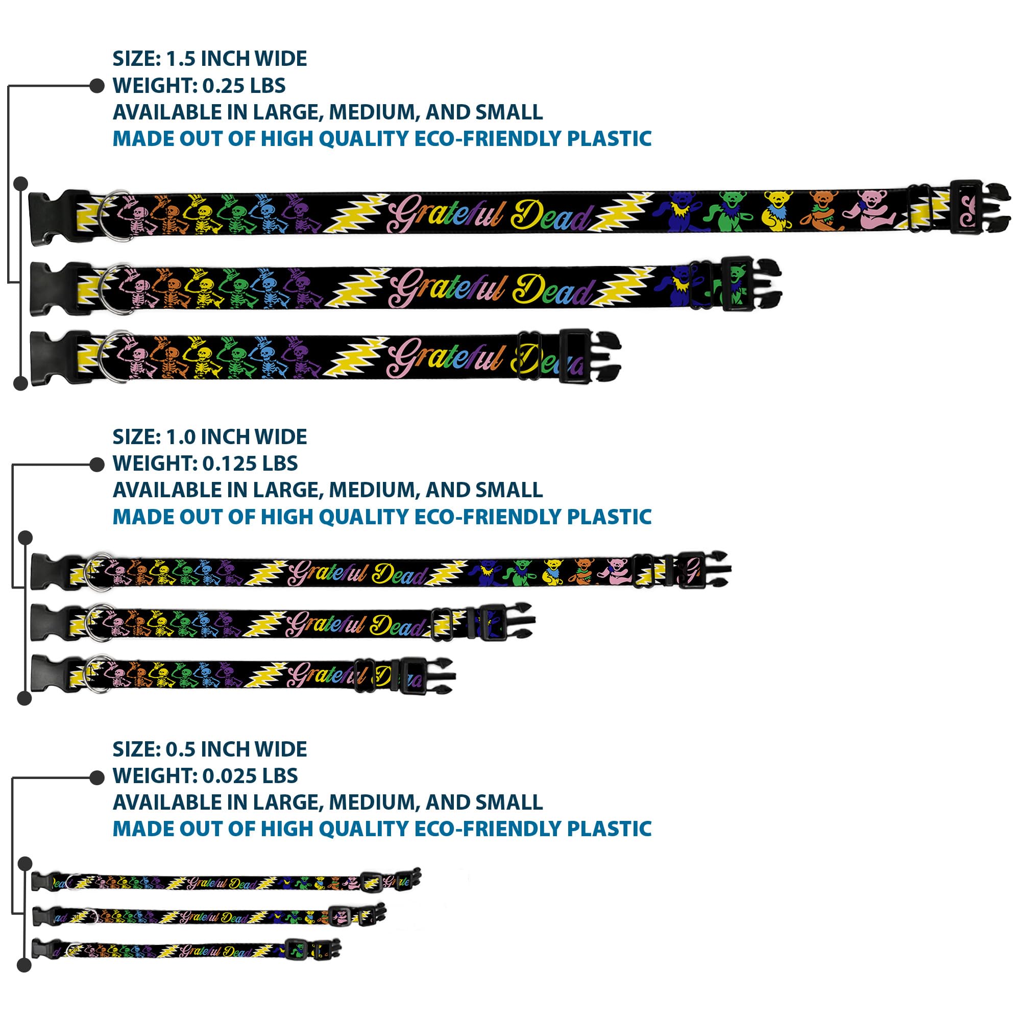 Buckle-Down Plastic Clip Collar - Grateful Dead Script W/Bears & Skeletons Black/Multi Color - 1'' Wide - Fits 15-26'' Neck - La