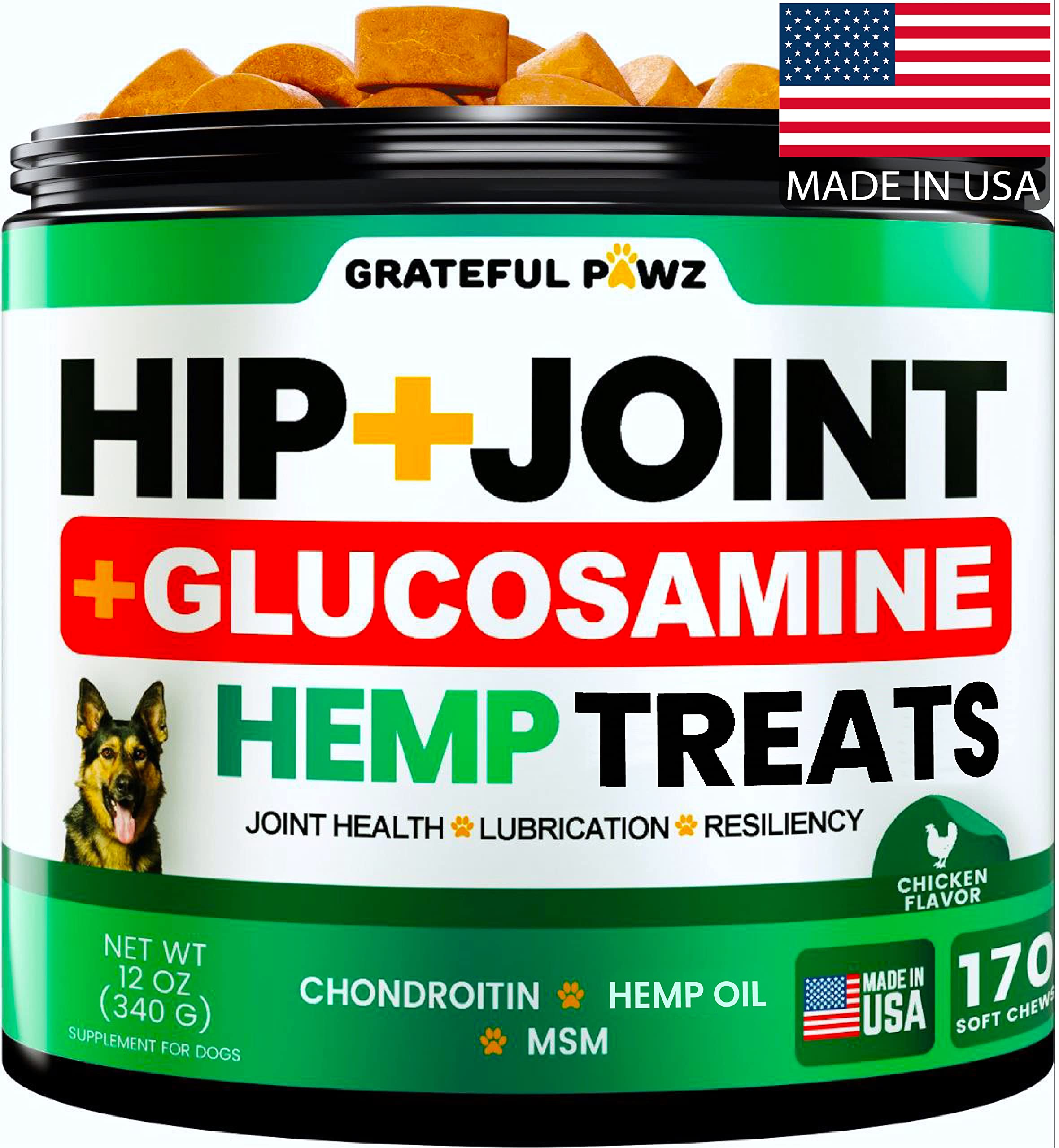 Hemp Hip and Joint Supplement for Dogs - Glucosamine for Dogs - 170 Joint Pain Relief Treats - Chondroitin, MSM, Hemp Oil - Adva