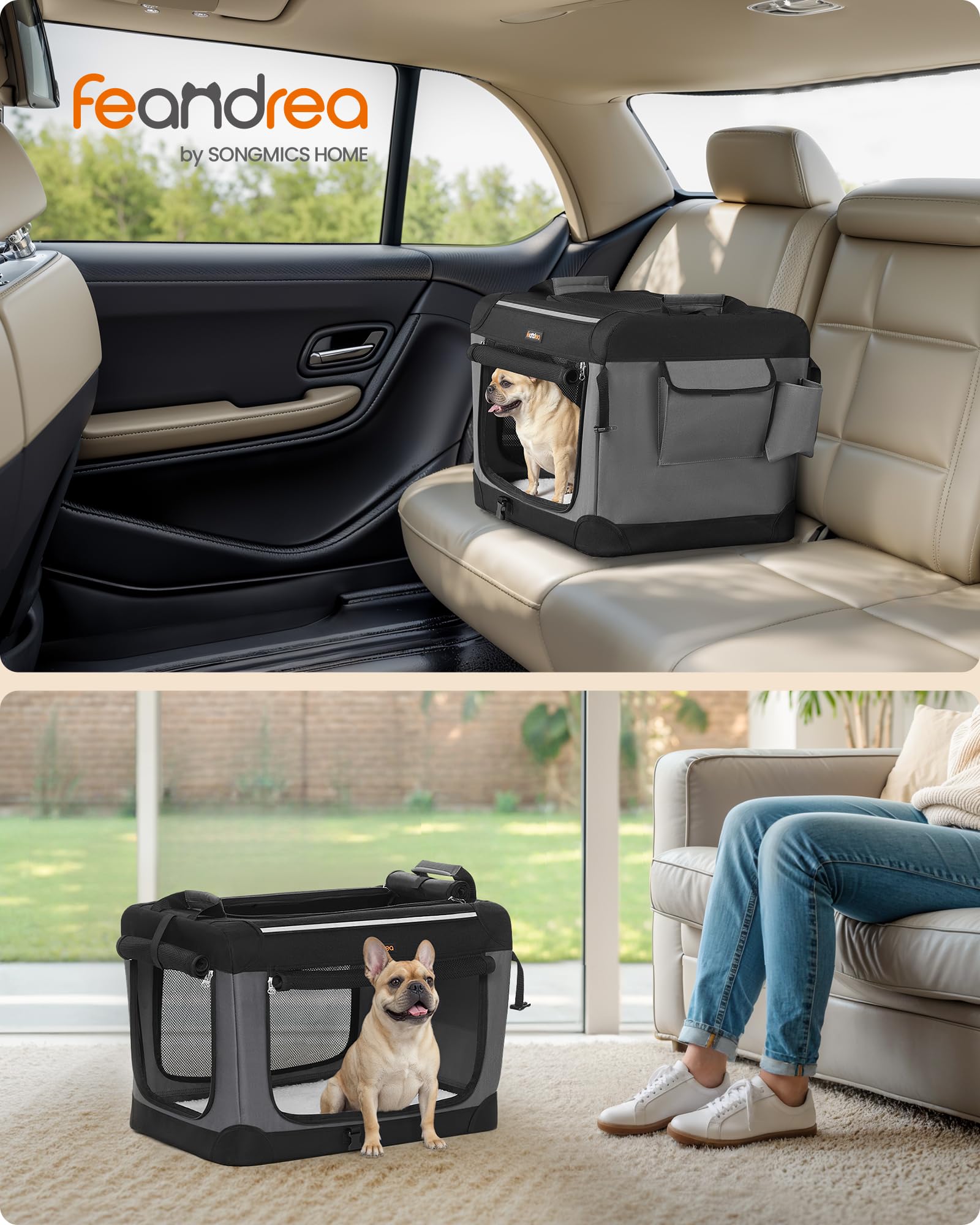 Feandrea 24-Inch Portable Dog Crate - Collapsible Oxford Fabric Carrier with 4 Mesh Doors, Water Bottle Holder, Ink Black