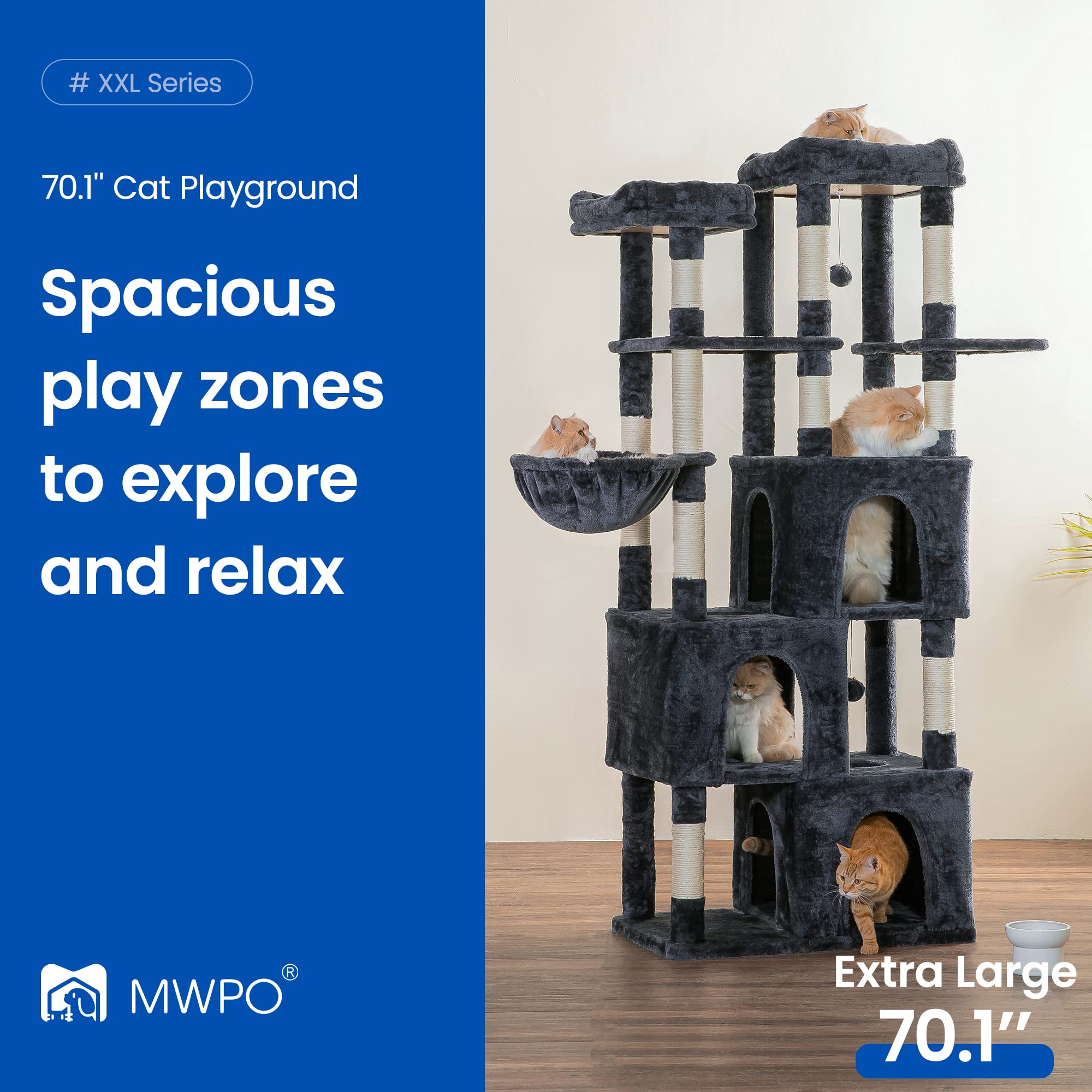 Mwpo Extra Large Cat Tree - 70.1-Inch Tall Cat Tower With 3 Cat Condos, Multi-Level Cat Stand For Large Cats Featuring Scratchin