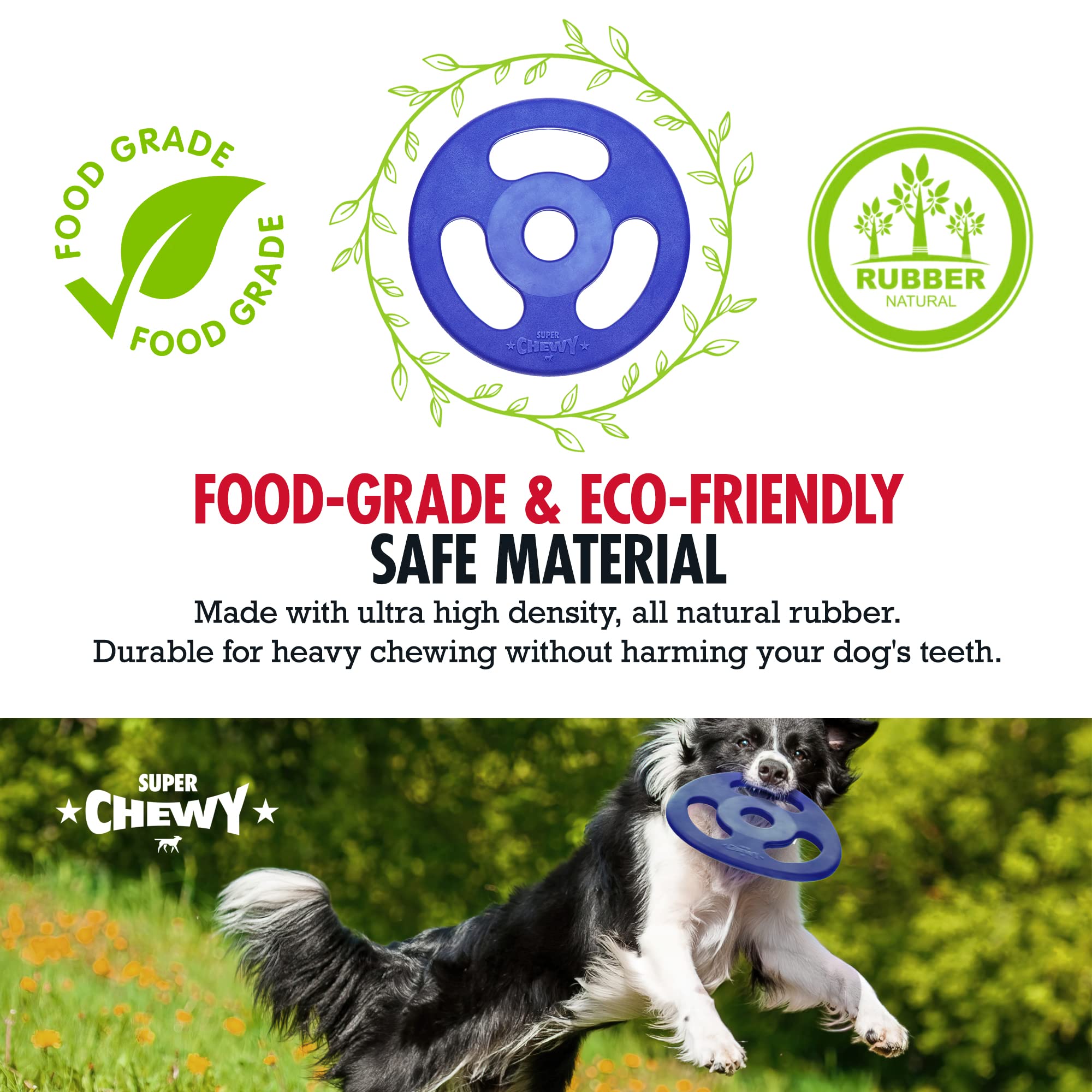 Tuff Pupper SuperChewy Tough Tug-of-War Flying Disc Toy - Large 8.5 Natural Rubber Fetch Toy for Aggressive Chewers, Lifetime Replacement