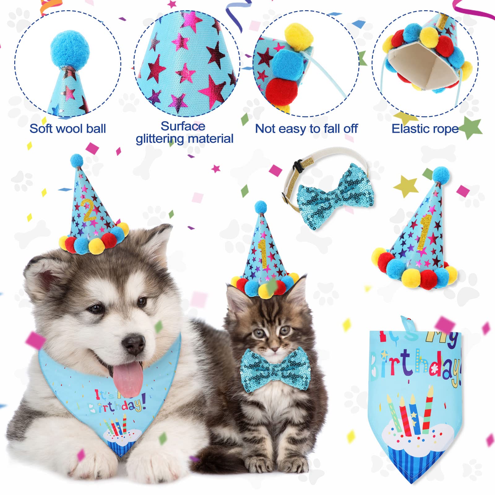 Dog Birthday Party Supplies Birthday Boy Girl Cake Bandana Triangle Scarf Clothes Shirt Cute Dog Hat Dog Bow Tie Collar With 0-8 Numbers For Dog Puppy 1St Birthday Party Outfit(Cute Style)