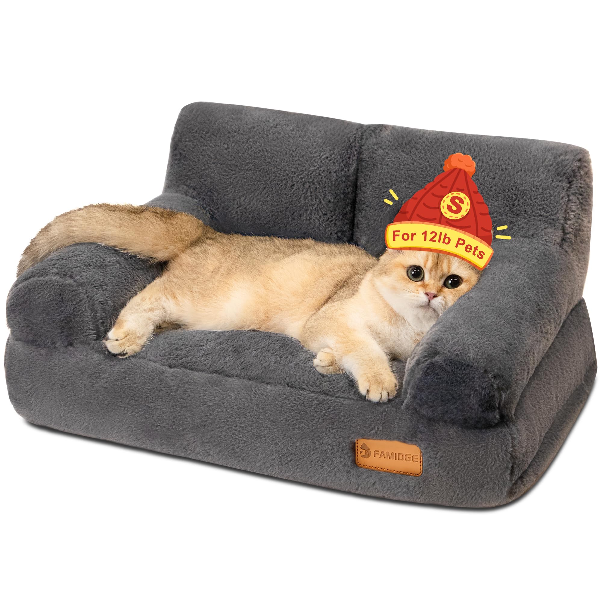 Famidge Cat Couch Bed, Fluffy Cat Bed For Indoor Cats, Calming Pet Sofa Bed Puppy Sleeping Bed, Cute Dog Couch For Small Cats & 