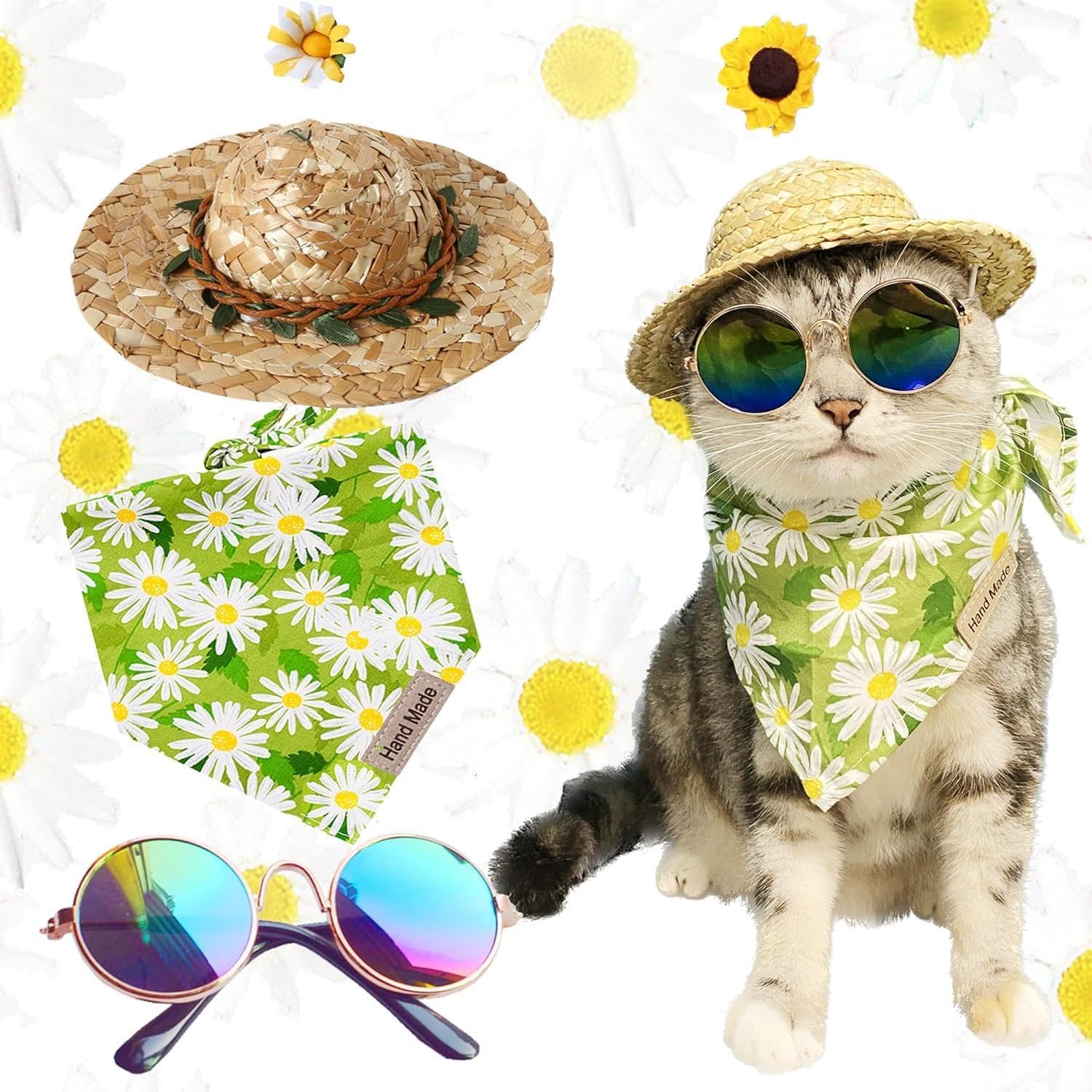 Hawaiian Costume For Dog Hawaiian Bandanna Summer Hat For Dog Sunflower Pet Bandanna Pet Sunglasses Summer Costume For Cat Hawai