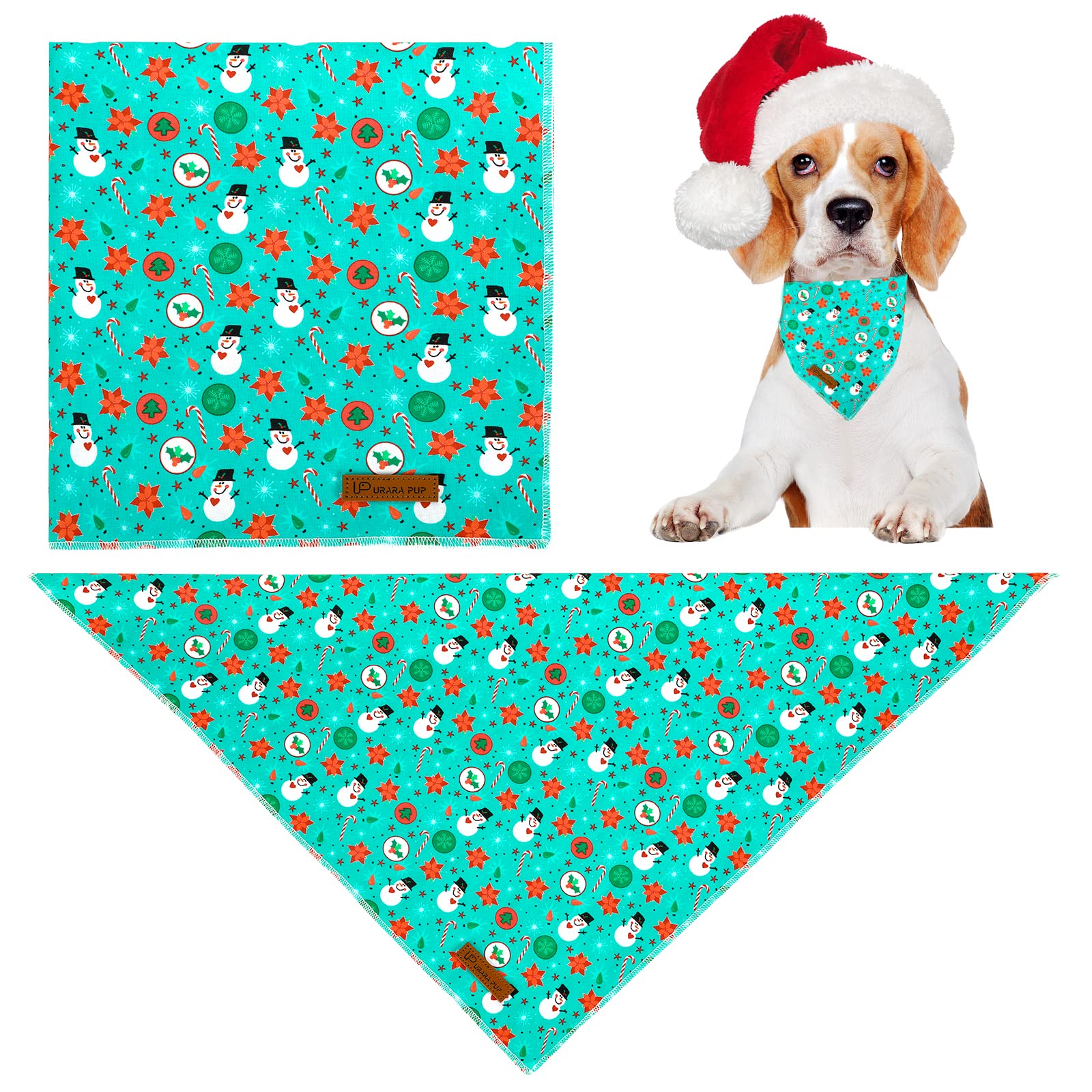 Up Urara Pup Christmas Dog Bandana - Snowman Triangle Bib Scarf For Girl Boy, Cotton Pet Kerchief, Cute Green, Adjustable Winter