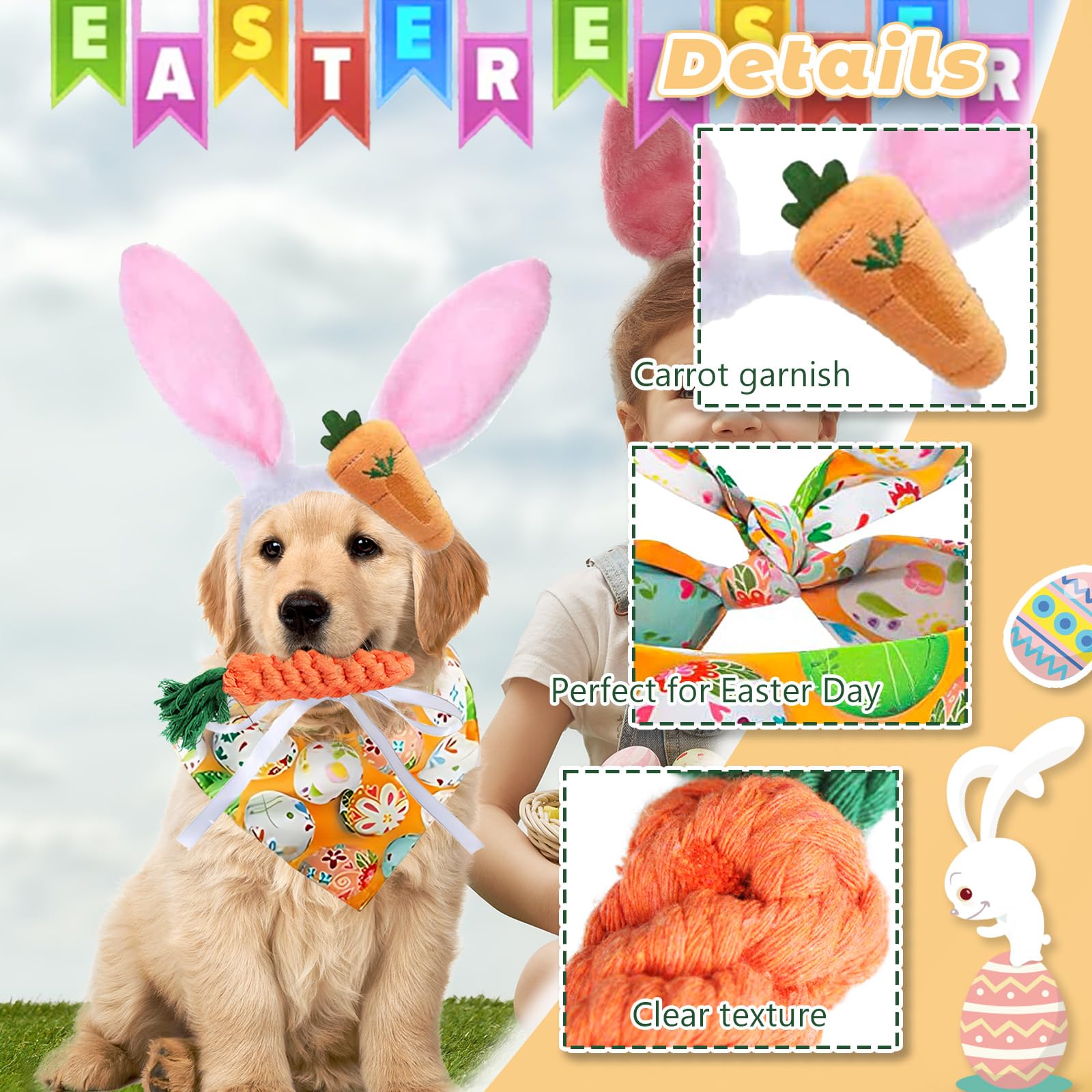 4 Pcs Easter Dog Bunny Costumes, Dog Bunny Ears Headband Easter Eggs Themed Pattern Bandana For Small Middle Dogs