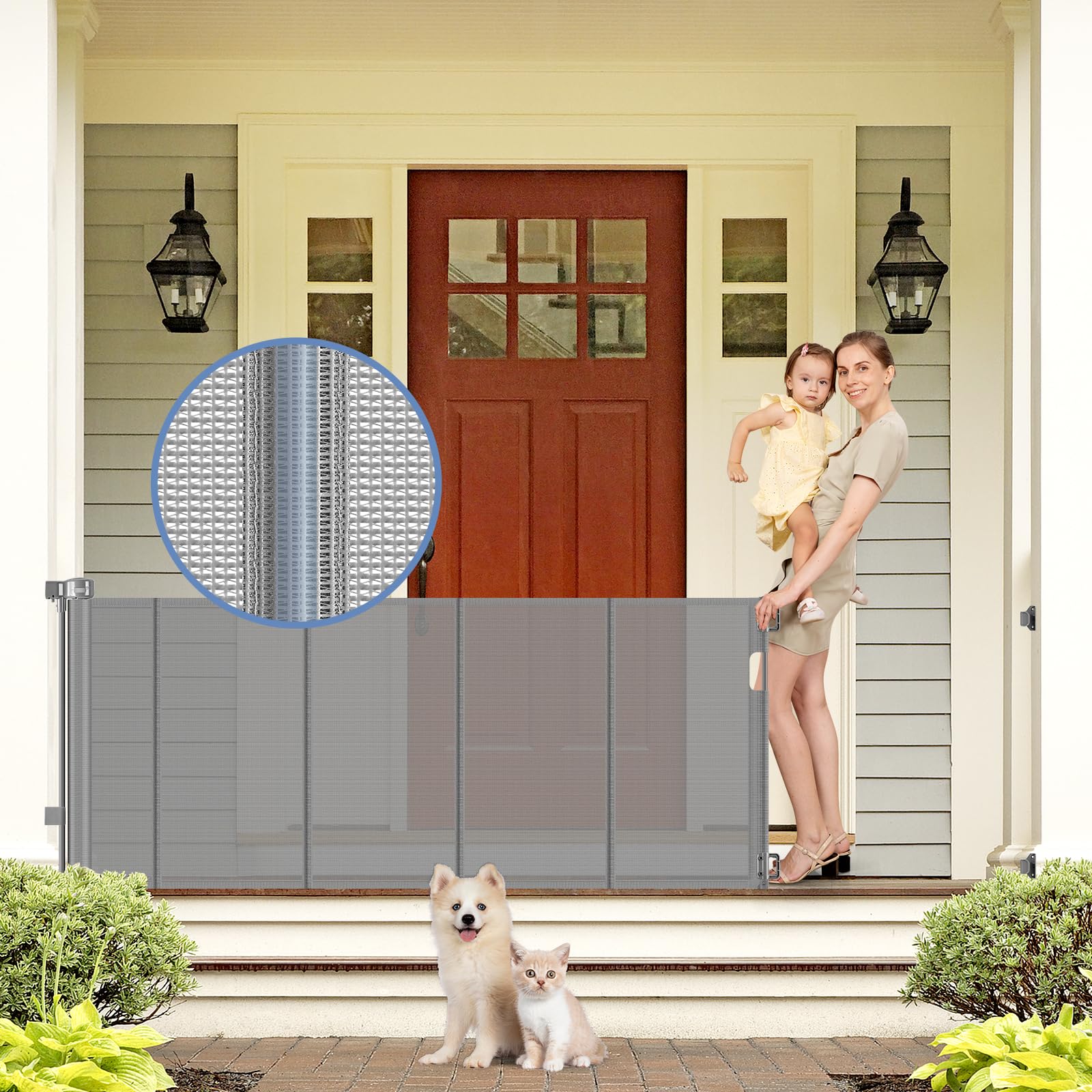 Reinforced Retractable Dog Gate with Support Strip 60'' Wide Retractable Outdoor Gate for Decks Mesh Dog Gate Retractable Indoor