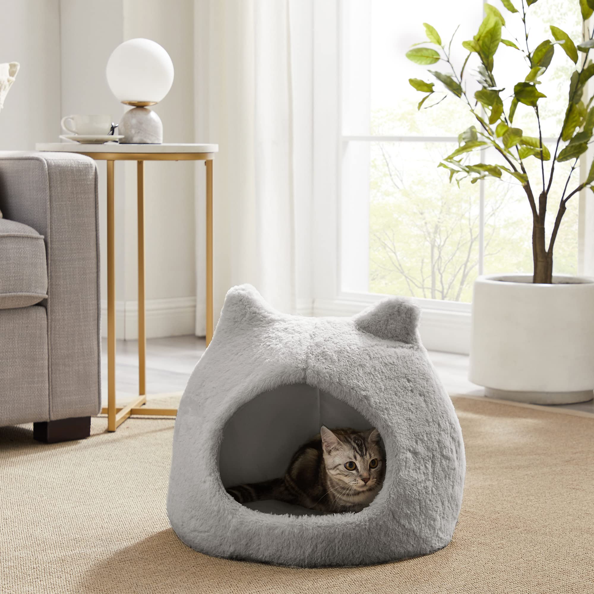 Best Friends By Sheri Meow Hut In Fur Cover Dome Cat And Dog Bed, Gray, Small