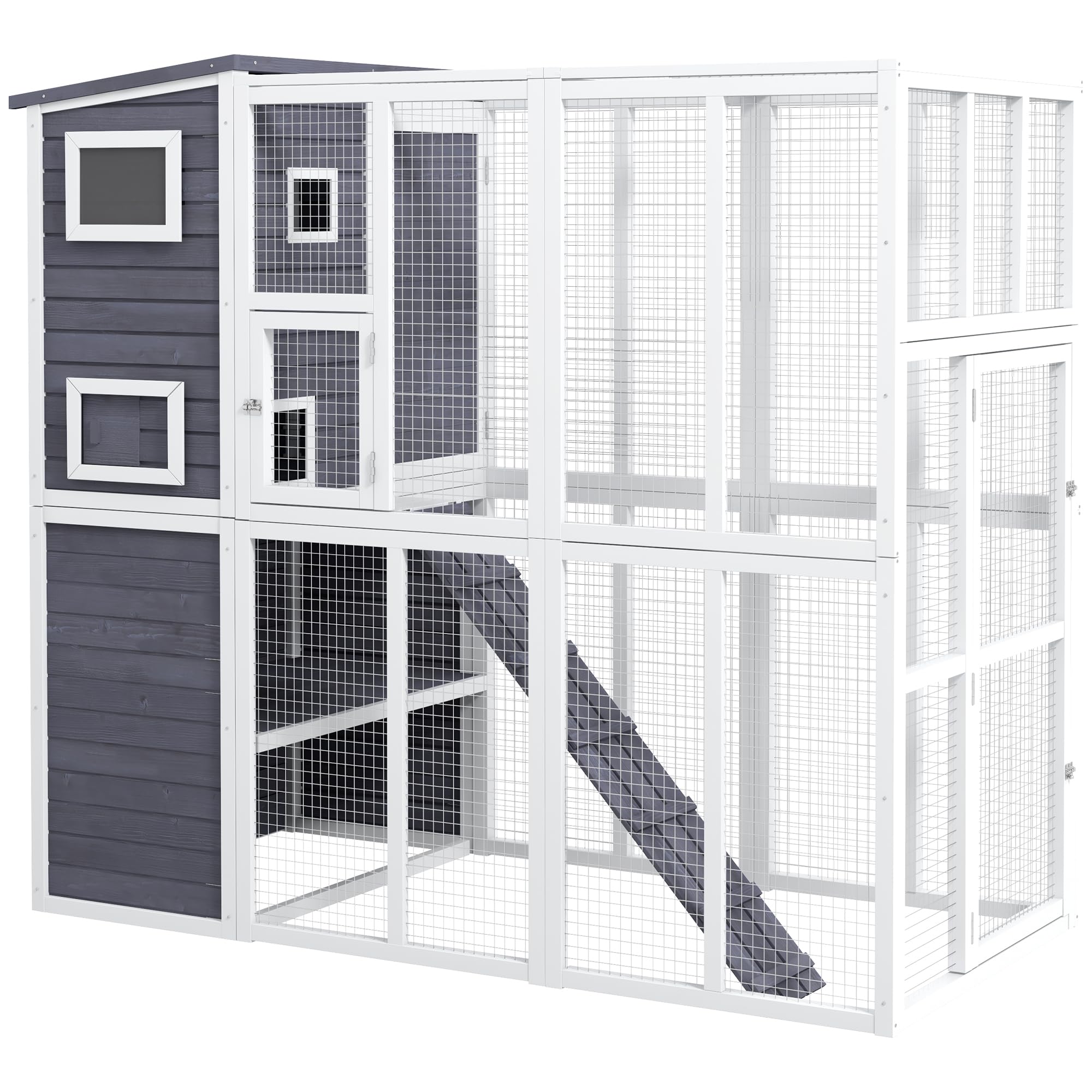 Pawhut Catio Outdoor Cat Enclosure, Wooden Cat Patio With Platforms, Waterproof Asphalt Roof, Ramps, 77 L, Light Gray