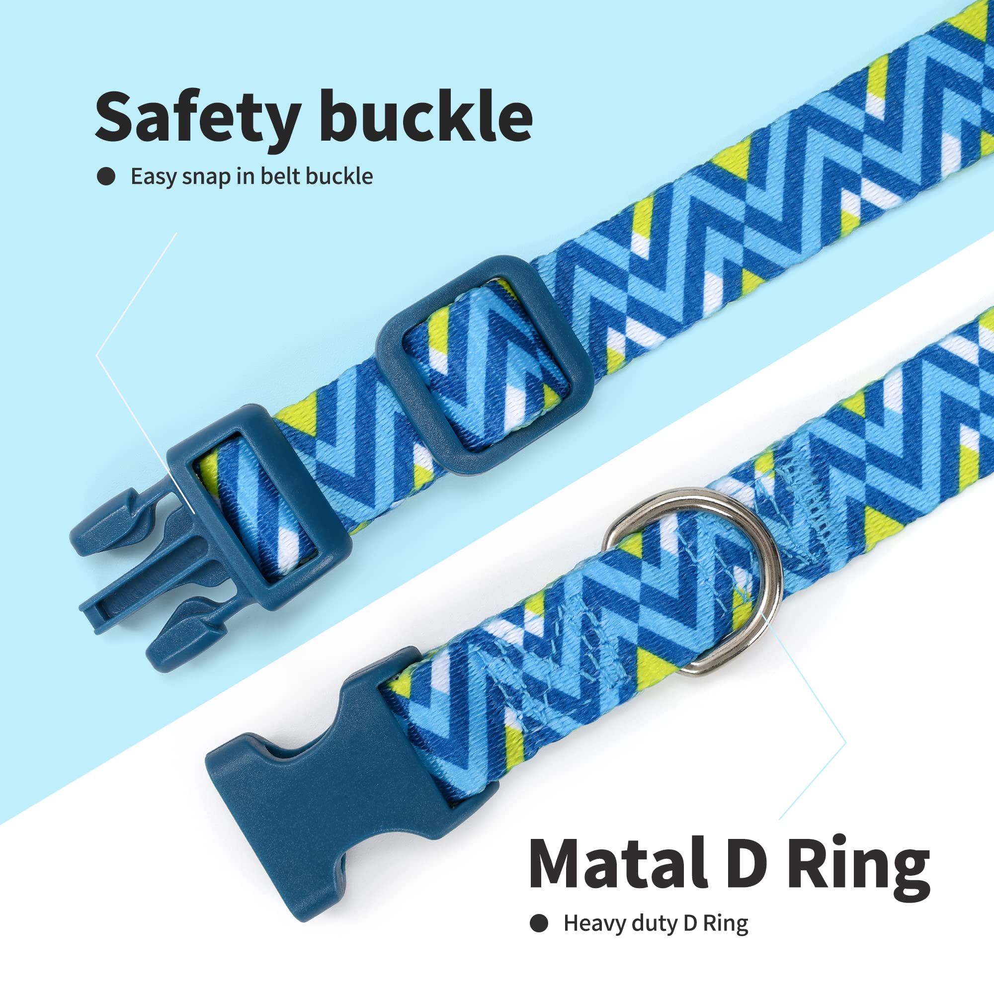 Mile High Life | Geometric Ocean Wavy Pattern | Soft Poly Cotton Fabric | Black Buckle Dog Collar With D Ring| We Donate To Dog Rescues(Light Blue/Hot Blue, Small )