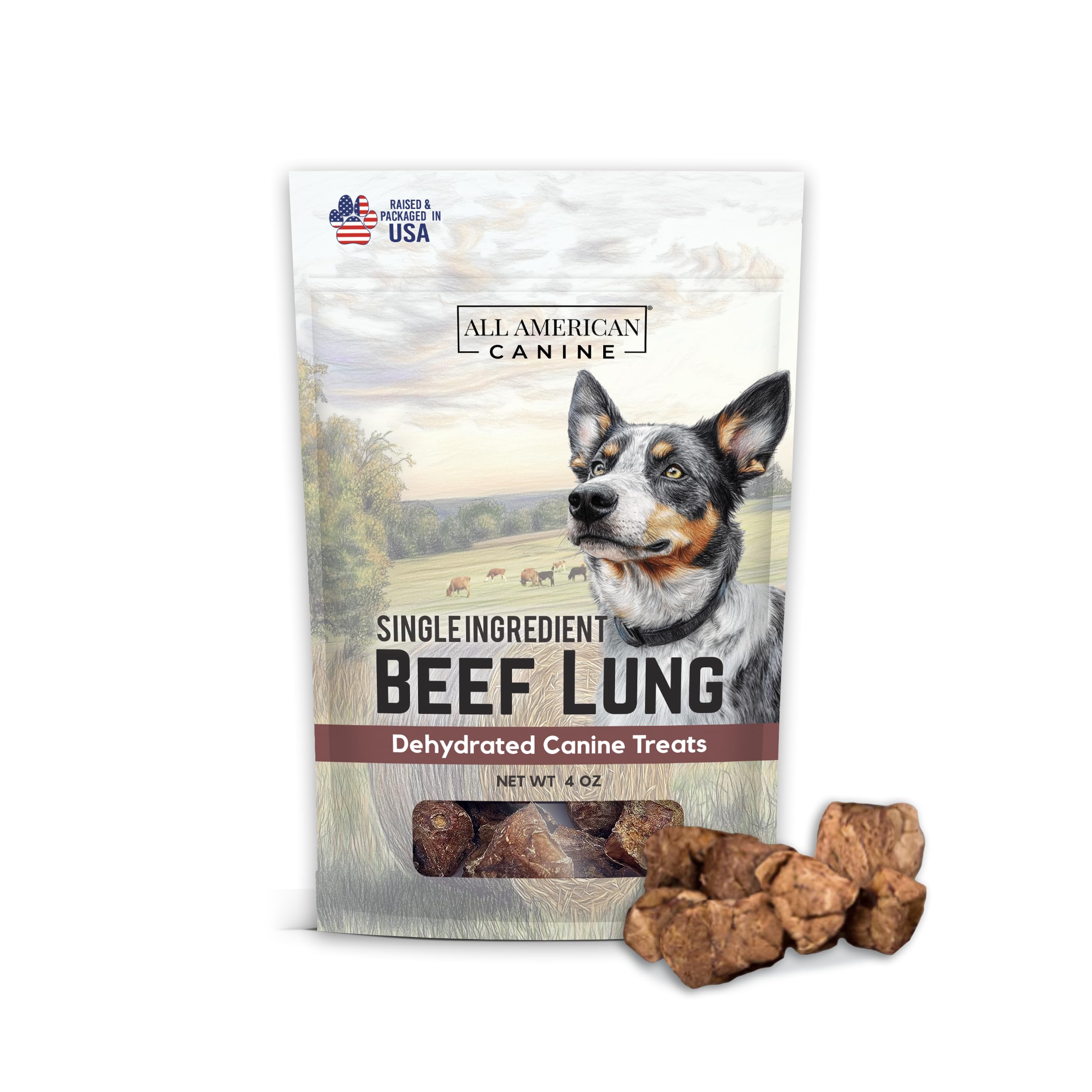 All American Canine Beef Lung Dog Treats 4oz - Single Ingredient, Dehydrated High Protein Low FatTraining Snacks - All Natural a