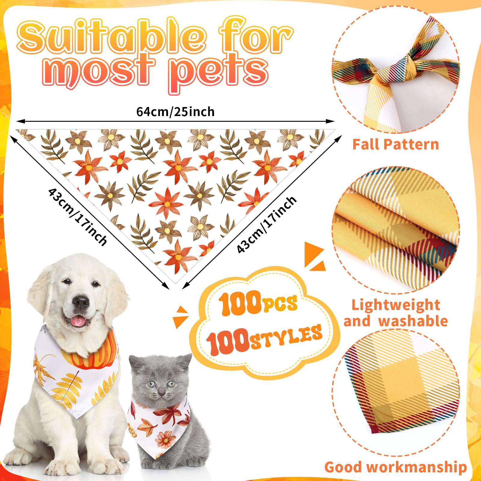 Huhumy 100 Pcs Fall Dog Bandanas Bulk Thanksgiving Pet Bibs Triangle Scarf Autumn Pet Bandanas for Medium Large Dogs Fall Autumn
