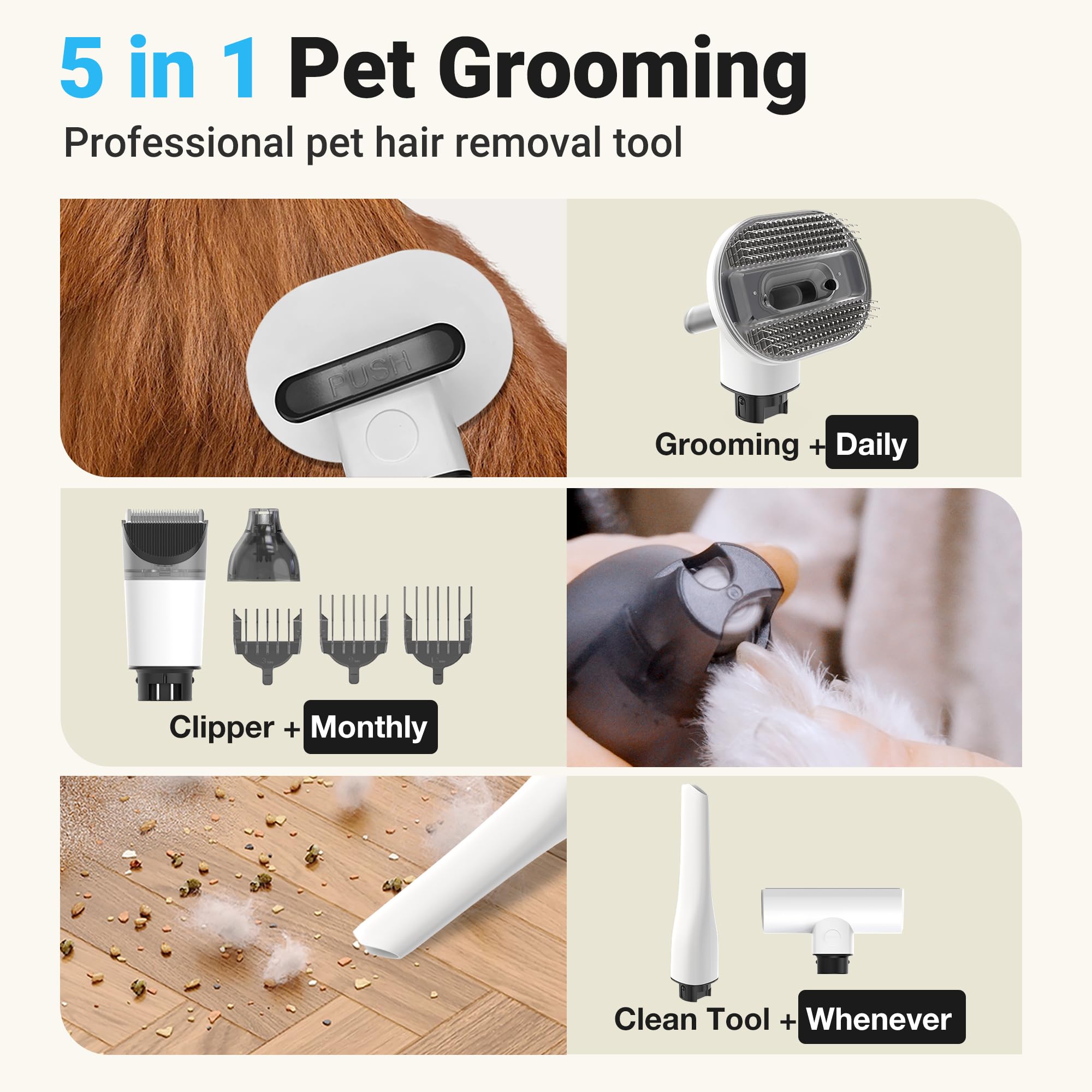 Petaboo Cordless Dog Grooming Vacuum, Pet Grooming Kit With Clippers Nail Grinder 5 Pet Grooming Tools,2.2L Dust Cup,Low Noise,D
