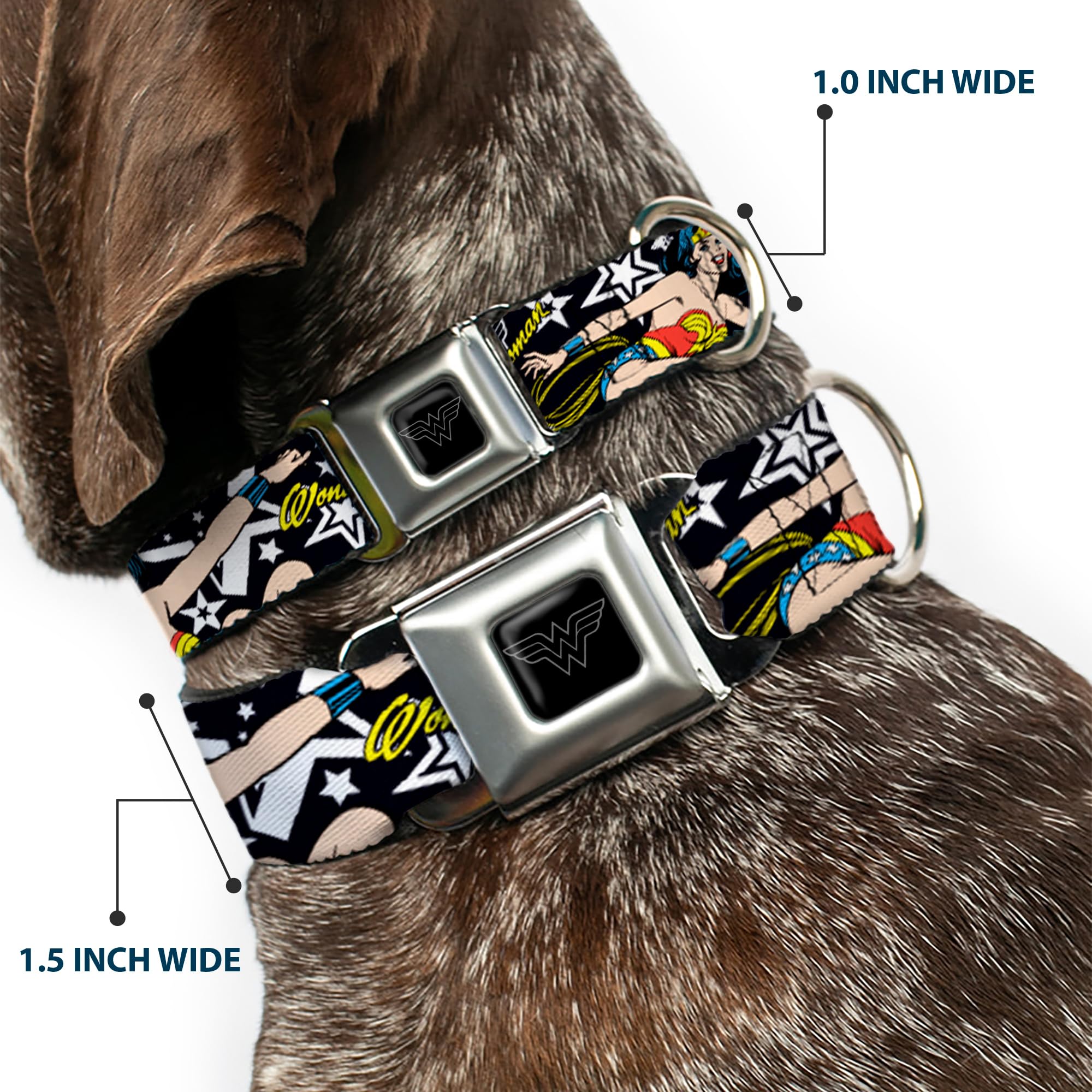 Buckle-Down Seatbelt Buckle Dog Collar - Wonder Woman/Stars Black/White - 1'' Wide - Fits 11-17'' Neck - Medium