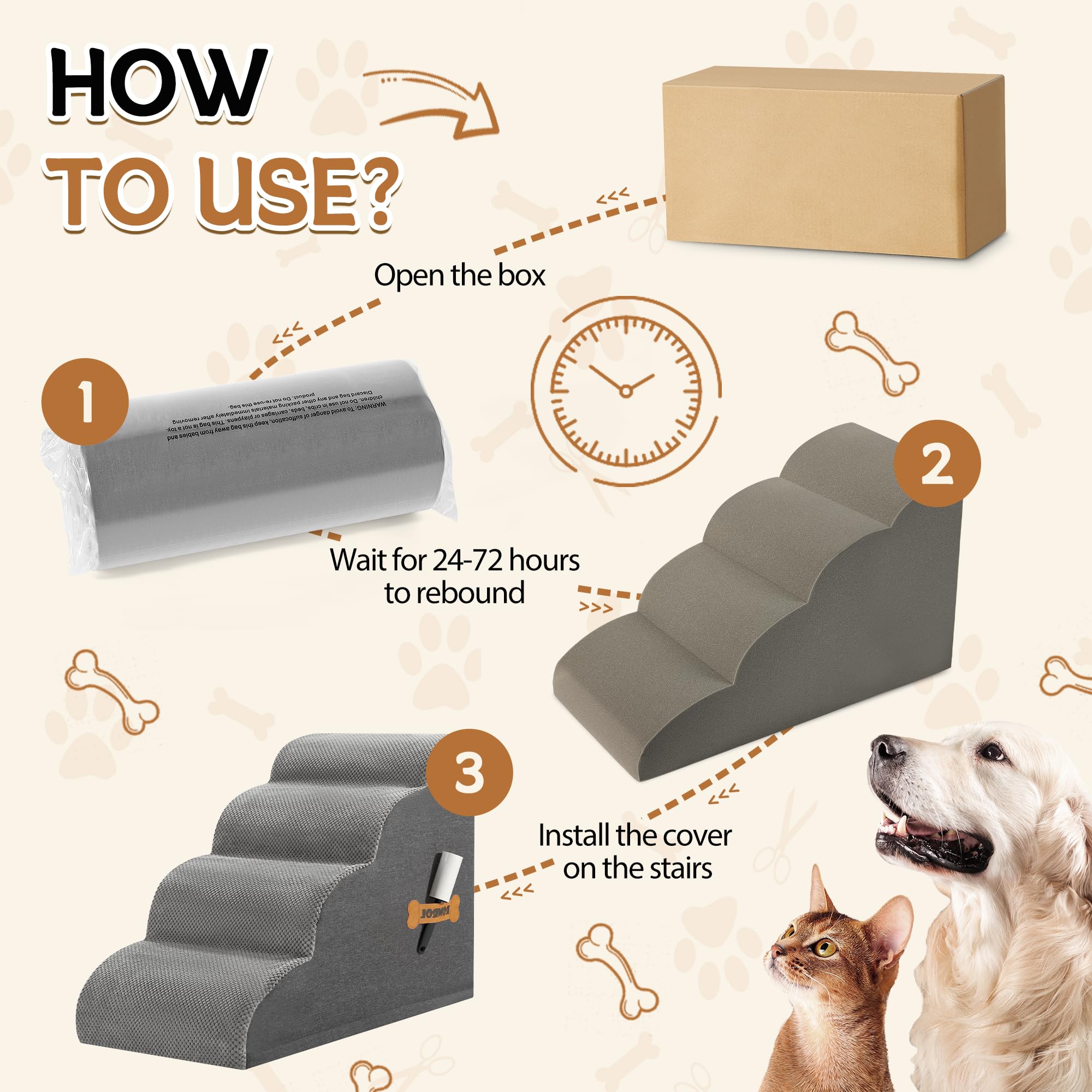 Dog Stairs, Romrol Dog Steps Ramp For High Bed And Couch, Dog Ramp With Durable Non-Slip Waterproof Fabric Cover, Pet Stairs For