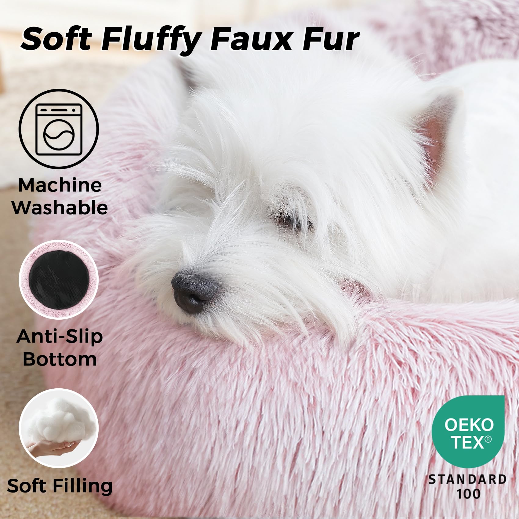 Calming Dog Bed & Cat Bed For Indoor Cats, Medium Size Washable Anti-Slip Anti-Anxiety Donut Dog Beds For Small Dogs & Cats, Flu