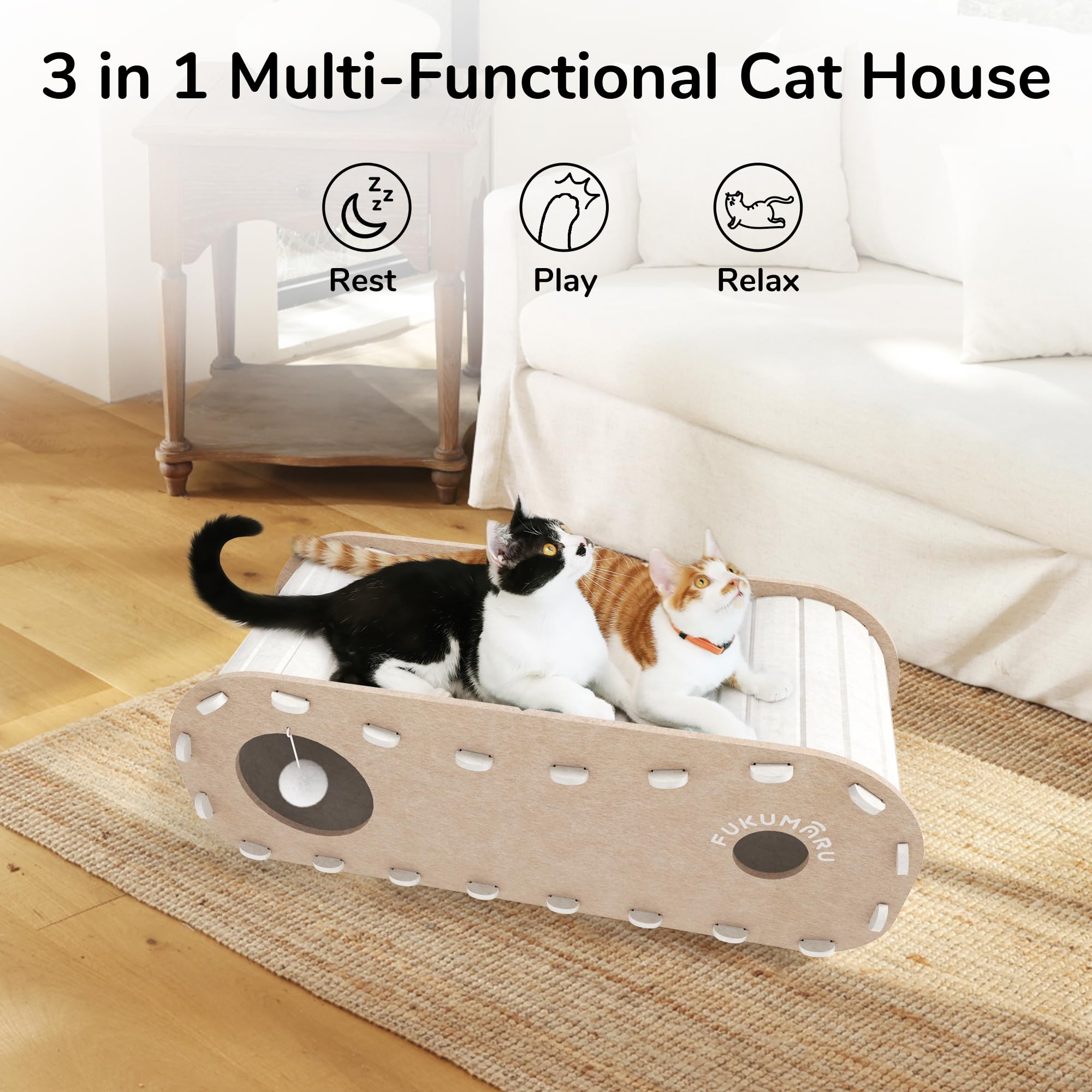 Fukumaru Cat Beds For Indoor Pets, 31.5 Inches Extra-Large Cat Cave For Multi-Pet, Cozy House With Fluffy Ball Hanging, Scratch