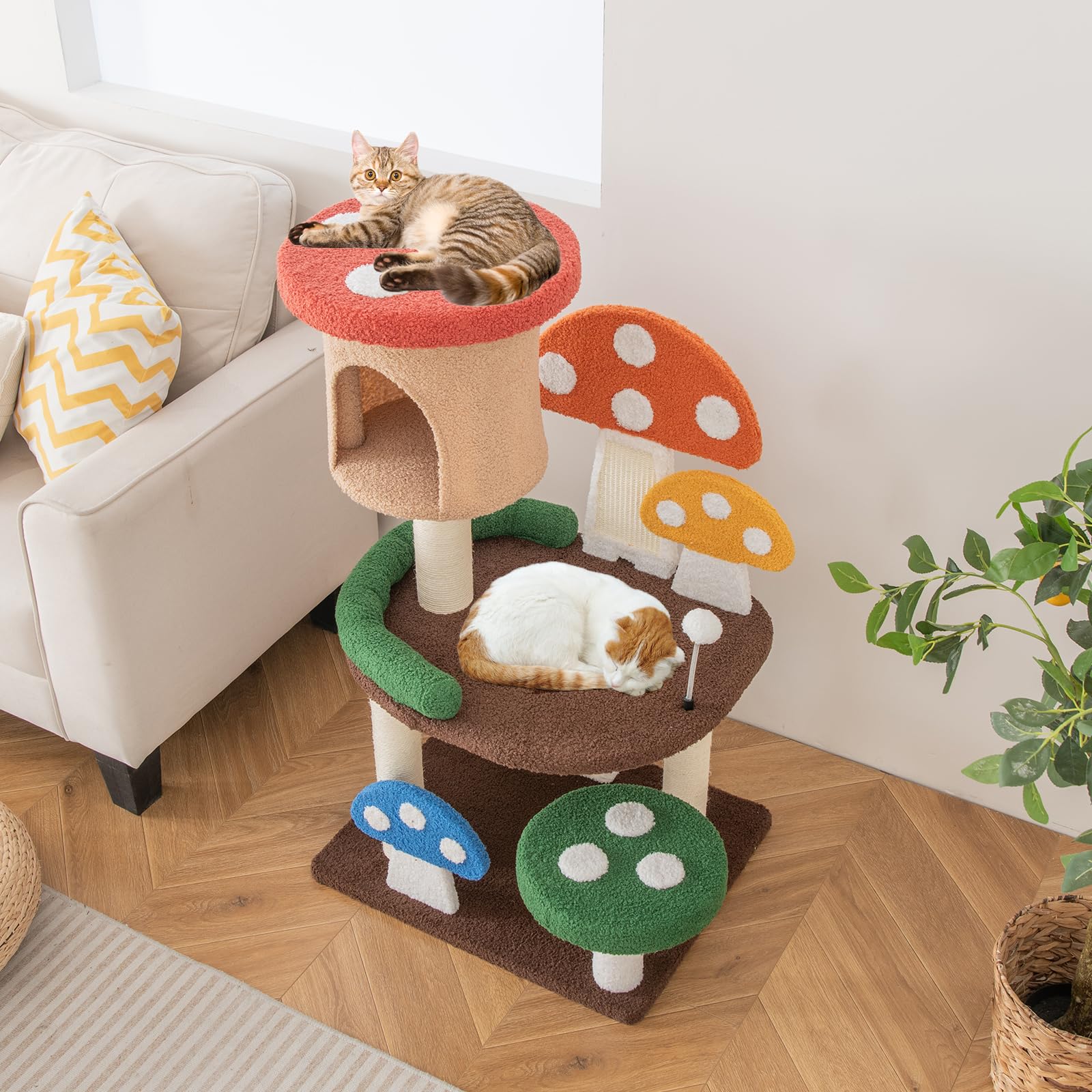Tangkula Mushroom Cat Tree, Cute Cat Tower With Full-Wrapped Sisal Post, Scratching Board & Spring Ball, Cat Condo, Flower Cat T