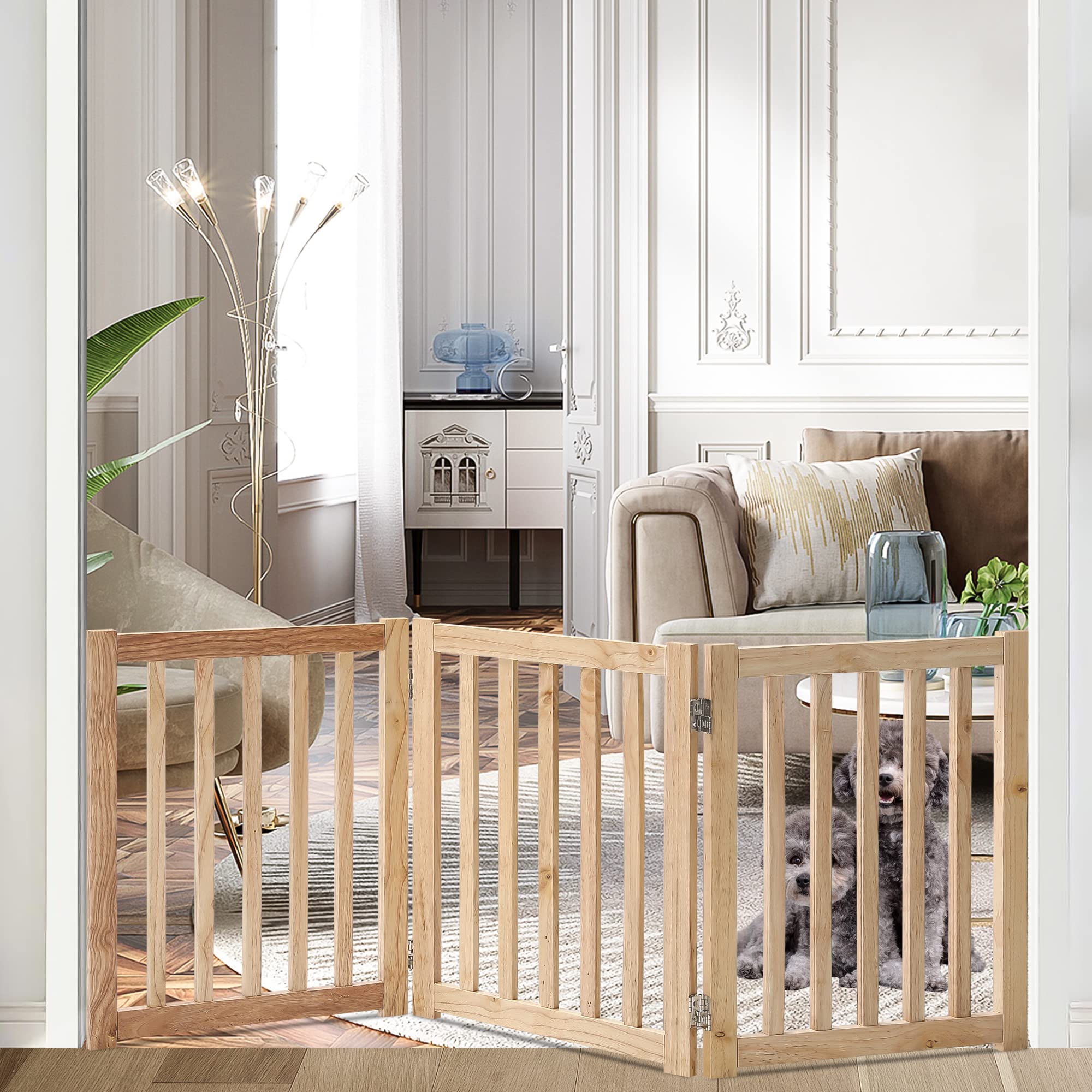 Lzrs Solid Hardwood Freestanding Pet Gate,Wooden Dog Gates For Doorways,Nature Wood Dog Gates For The House,Dog Gate For Stairs,Freestanding Indoor Gate Safety Fence,Natural,24' Height-3 Panels