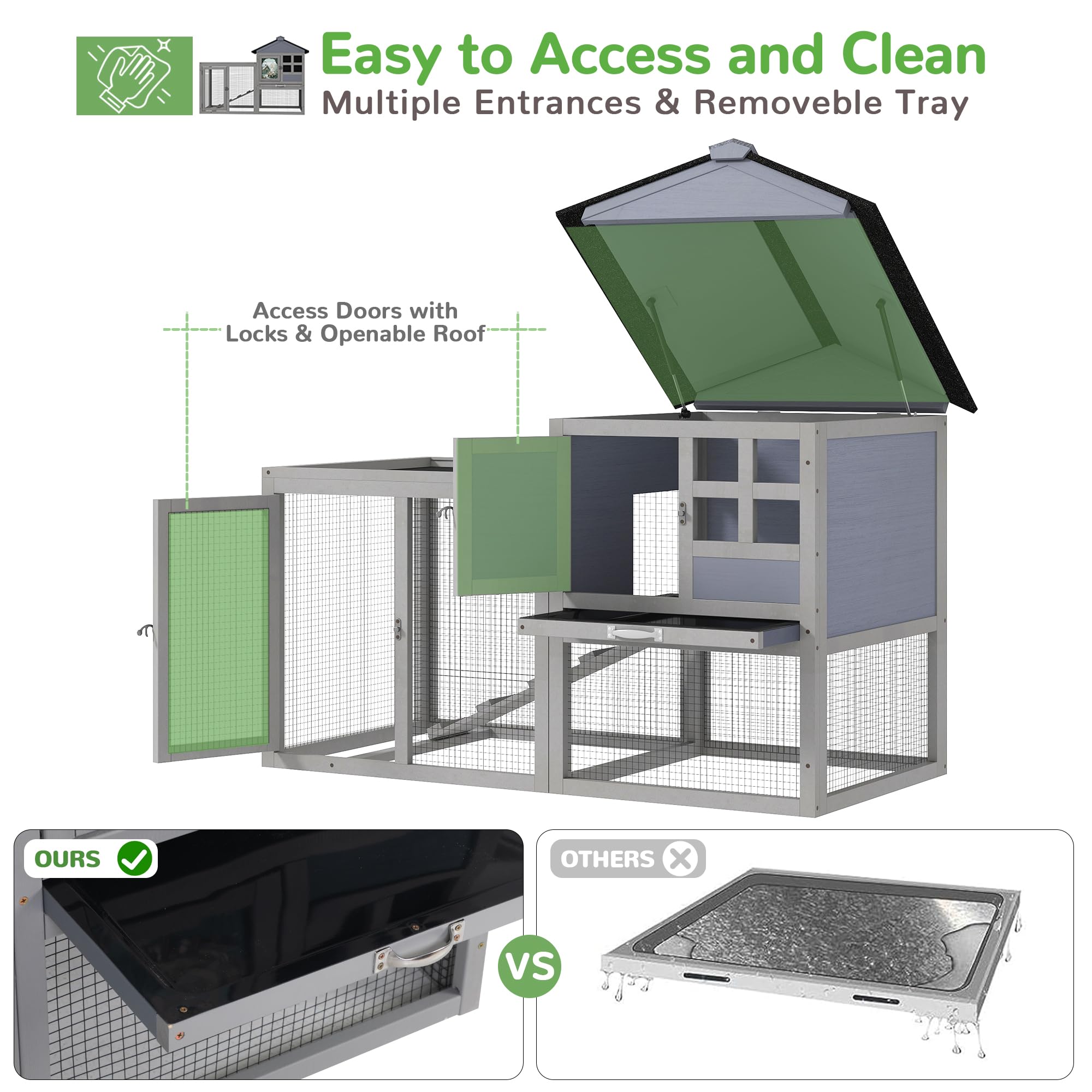 48'' L Rabbit Cage Bunny Hutch Outdoor Indoor, Expandable 2-Story Large Wooden Small Animal Cage With Run, Removale Tray, Top-Op