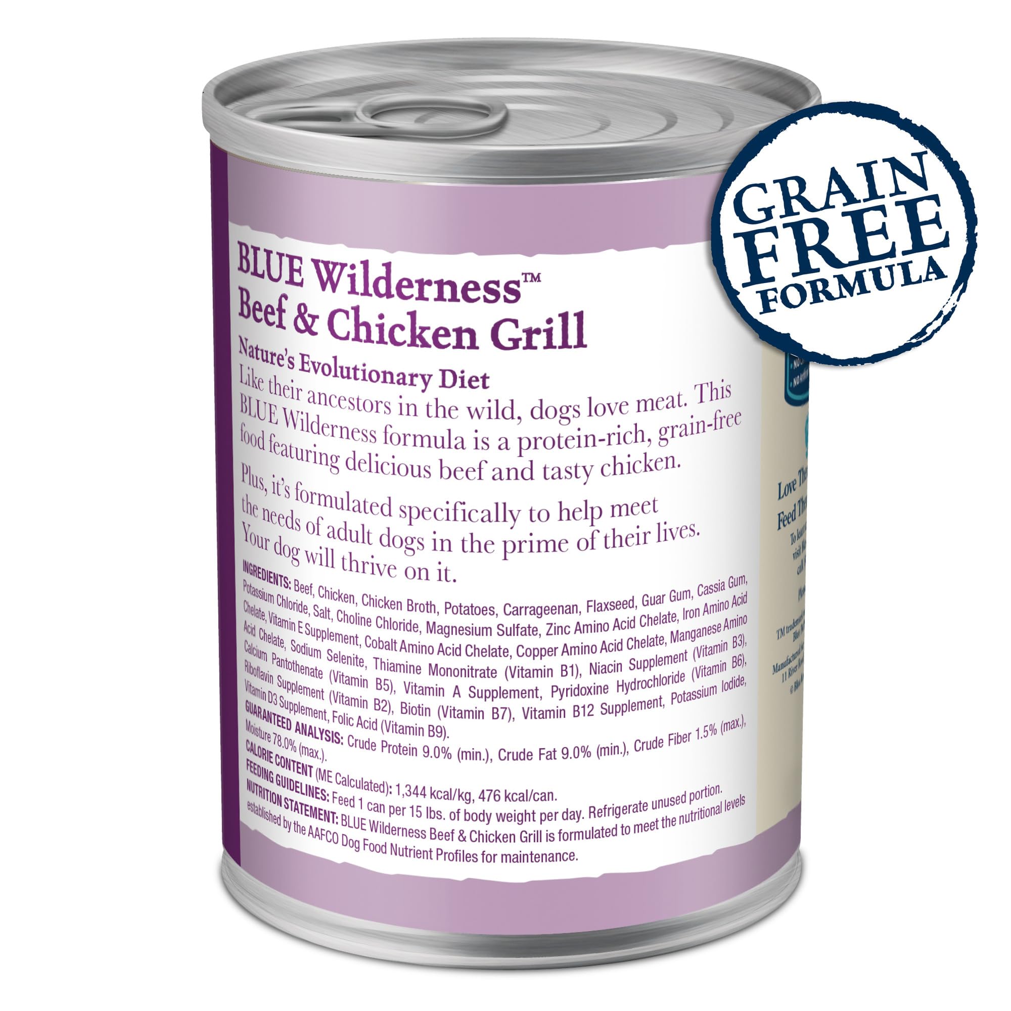 Blue Buffalo Wilderness Adult Wet Dog Food, High-Protein & Grain-Free, Made with Natural Ingredients, Beef & Chicken Grill, 12.5