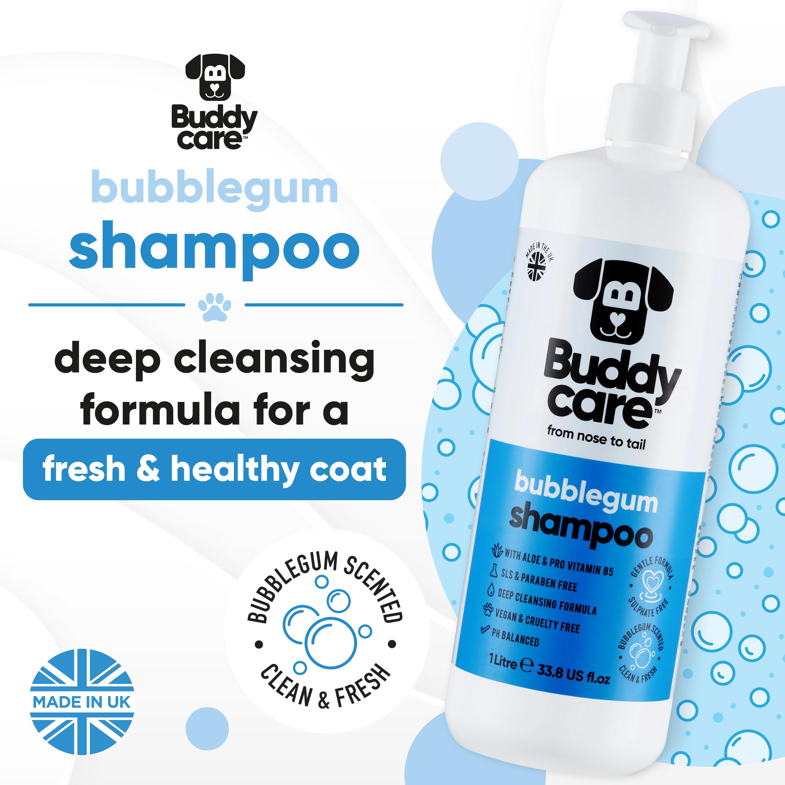Bubblegum Dog Shampoo By Buddycare | Deep Cleansing Shampoo For Dogs | Bubblegum Scented | With Aloe Vera And Pro Vitamin B5 (33