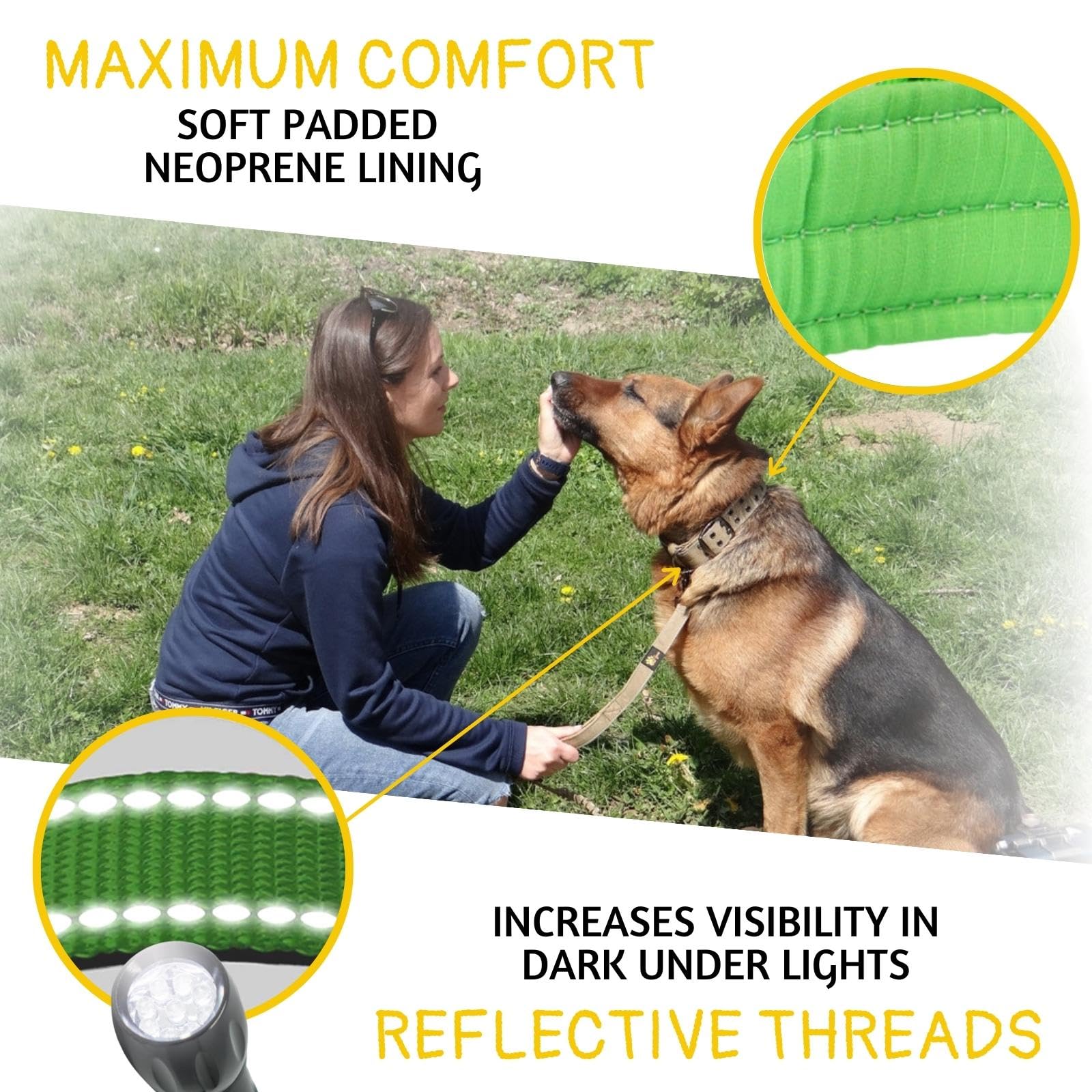 Adityna Heavy Duty Dog Collar For Medium Dogs - Reflective Green Collar With Handle For Training, And Walking - Wide, Thick, Tac