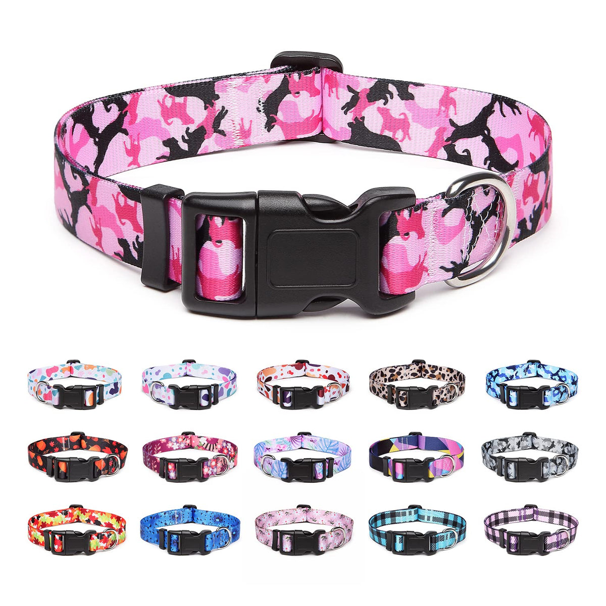 Suredoo Adjustable Dog Collar With Patterns, Ultra Comfy Soft Nylon Breathable Pet Collar For Small Medium Large Dogs (L, Dog Camouflage Pink)