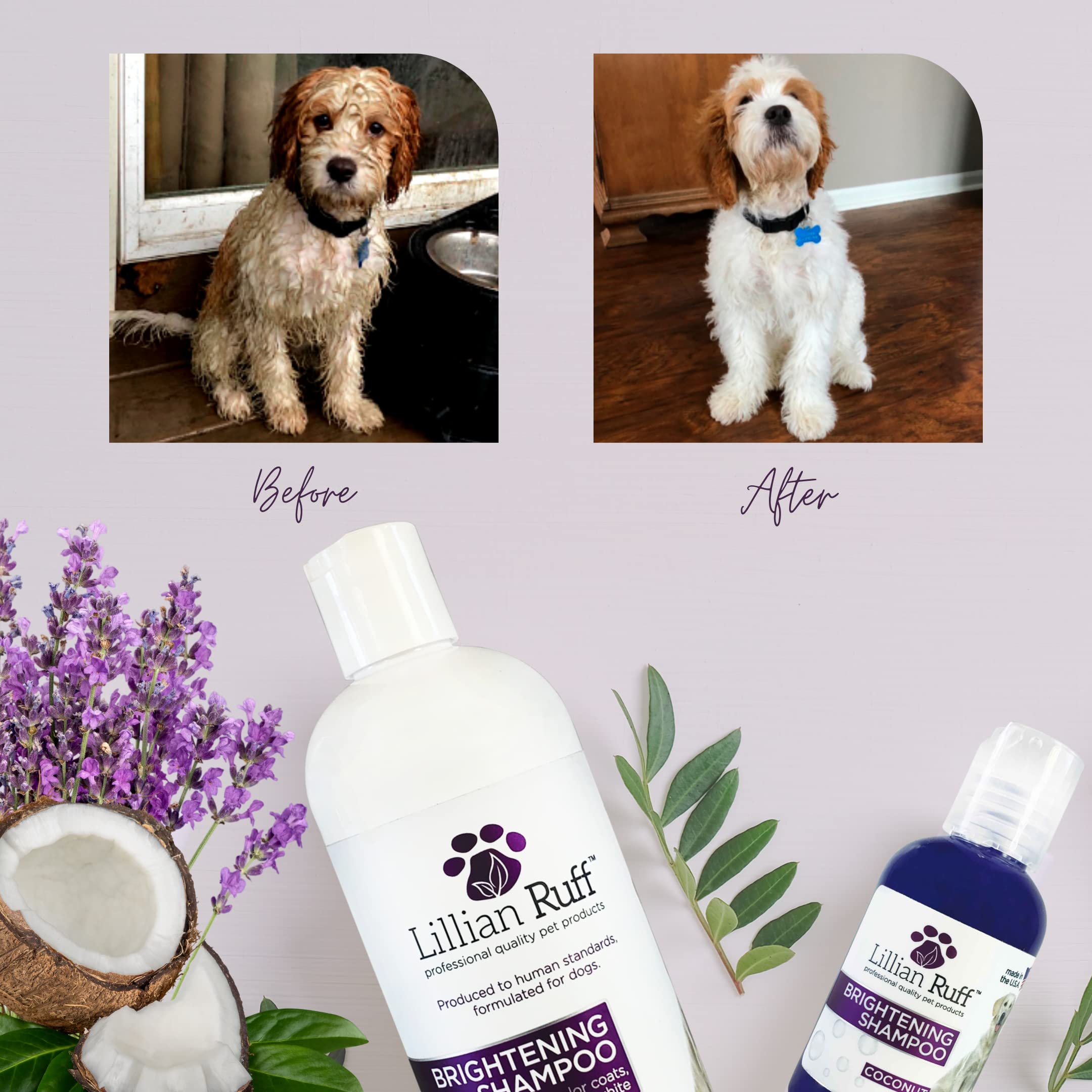 Lillian Ruff Ultra-Brightening Professional Dog Whitening Shampoo & Leave-In Dog Conditioner Detangler Spray Set - Ph-Balanced,