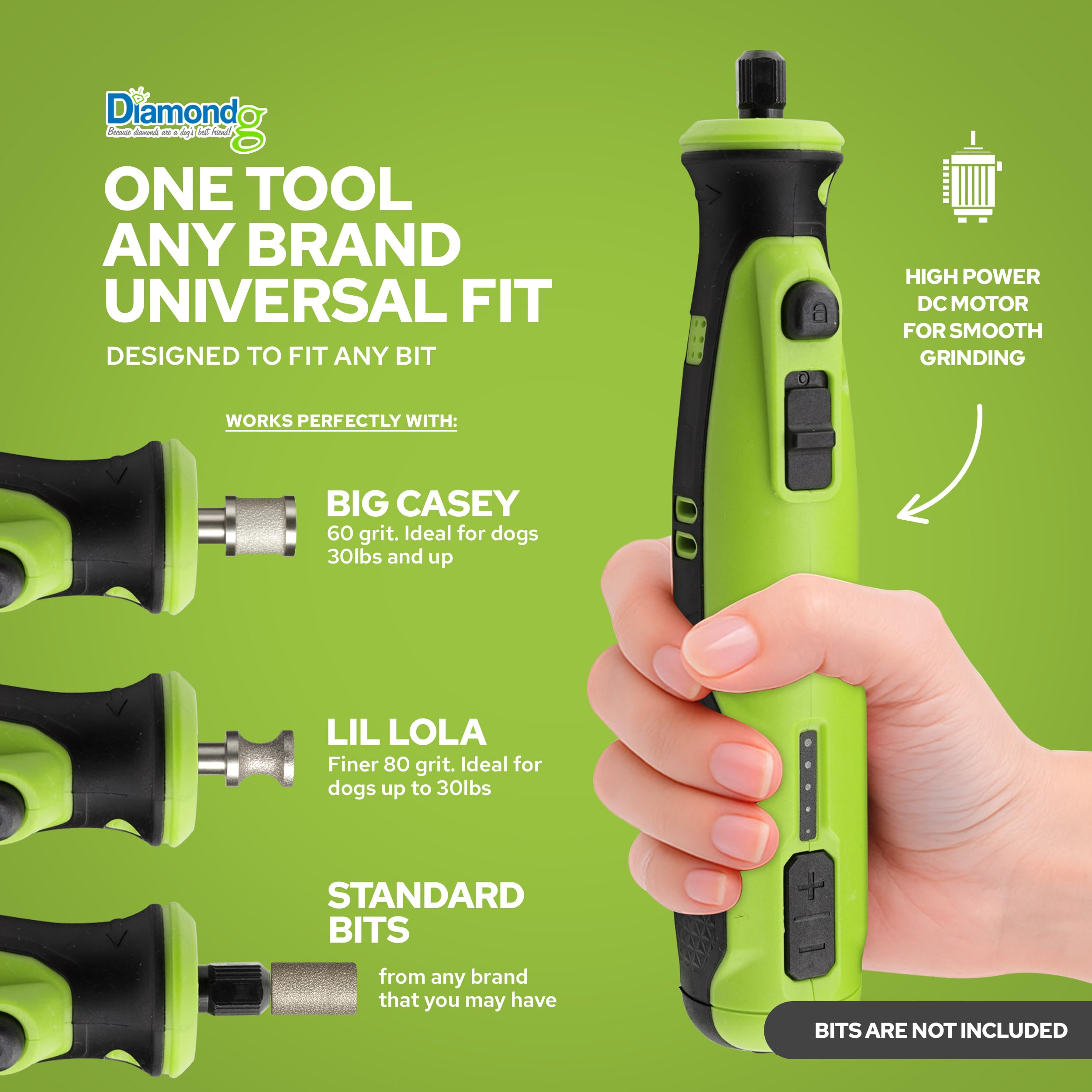 Diamondg Cordless Dog Nail Grinder - Quiet, LED Tip, 4hrs Runtime, Heavy Duty Electric Trimmer for Large & Small Dogs, Green