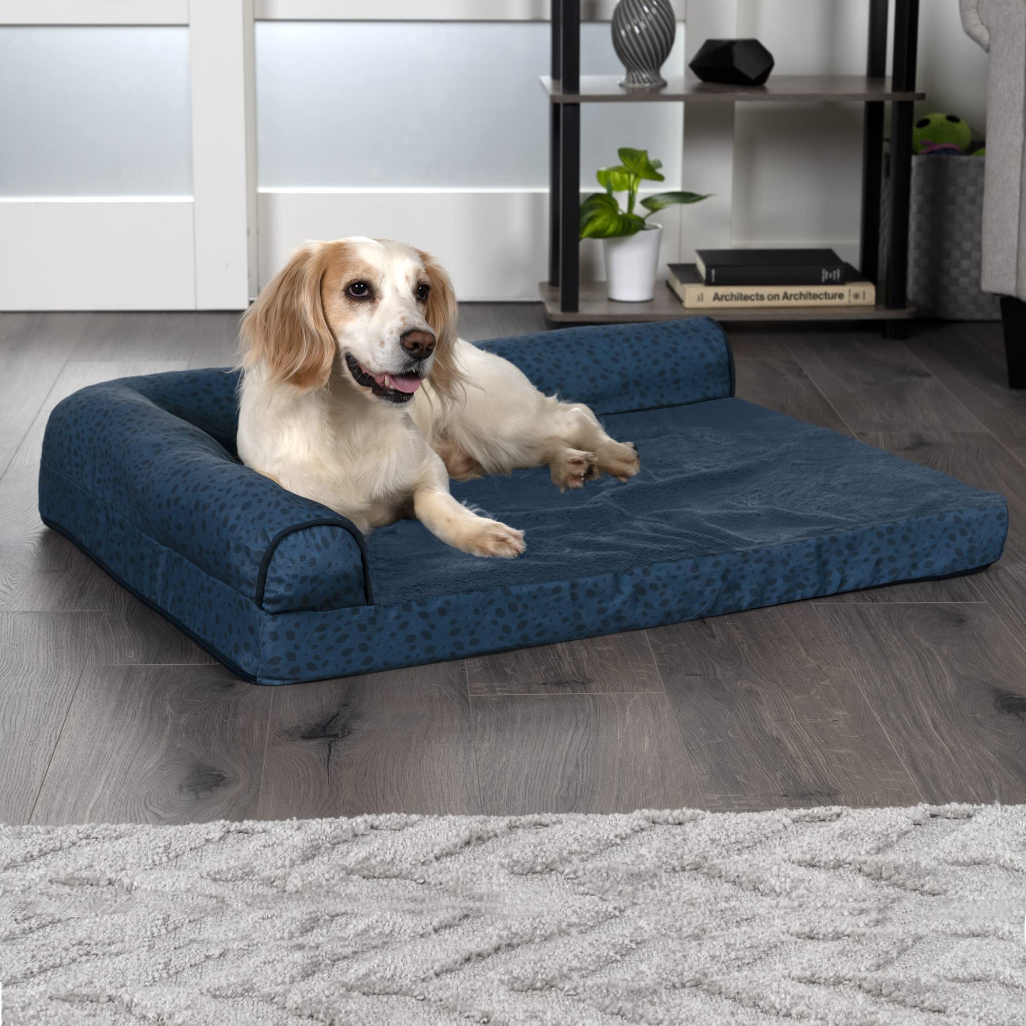 Furhaven Memory Foam Dog Bed For Large/Medium Dogs W/ Removable Bolsters & Washable Cover, For Dogs Up To 55 Lbs - Plush & Almon