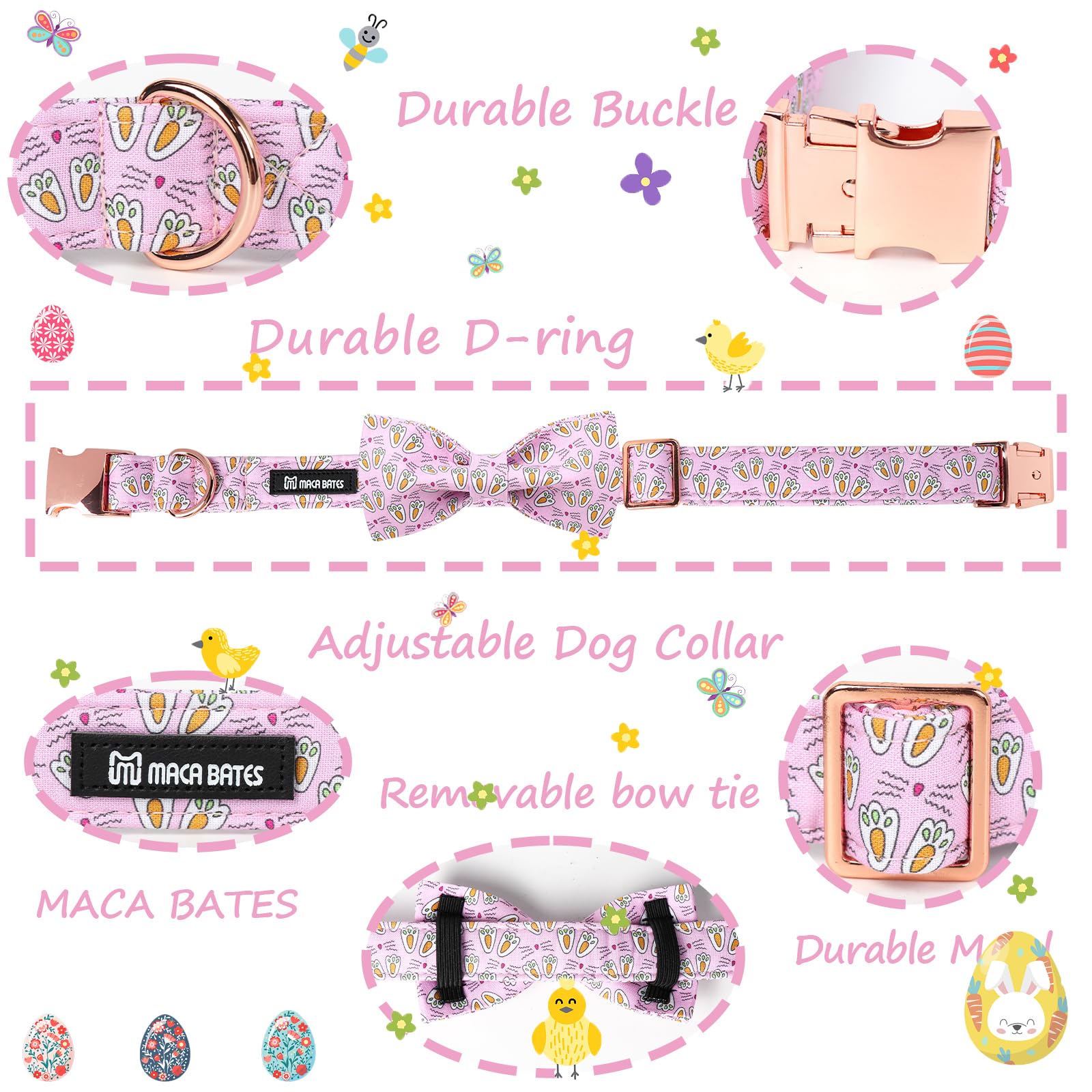 Maca Bates Easter Day Dog Collar With Bow Bowtie Bunny Paws Dogs Bow Tie Collars Breakaway Soft Cute Adjustable Pink Eggs Collor