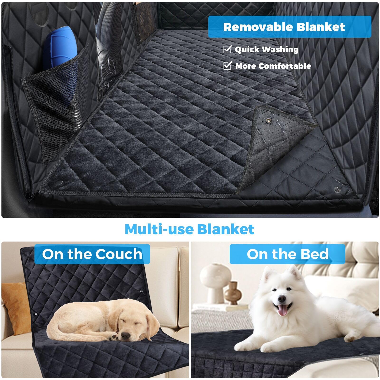 Urpower Back Seat Extender For Dogs, Hard Bottom Dog Car Seat Cover With Soft Removable Blanket Non-Slip Dog Car Bed Waterproof Dog Hammock For Car Pet Backseat Protector With Mesh Window For Car, Suv