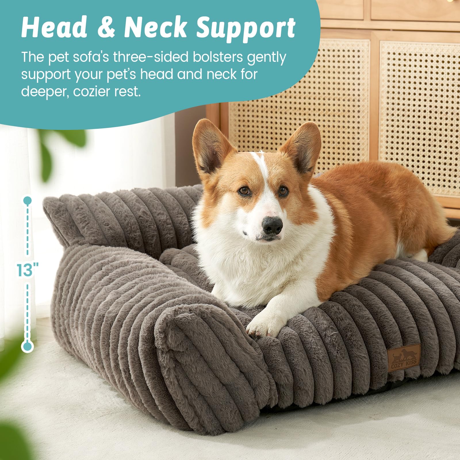 COZY KISS Cute Cat Couch, Premium Plush Faux Fur Pet Couch Bed, Ultra-Soft Pet Furniture for Cats & Small Dogs (Grey, M: 31.5x