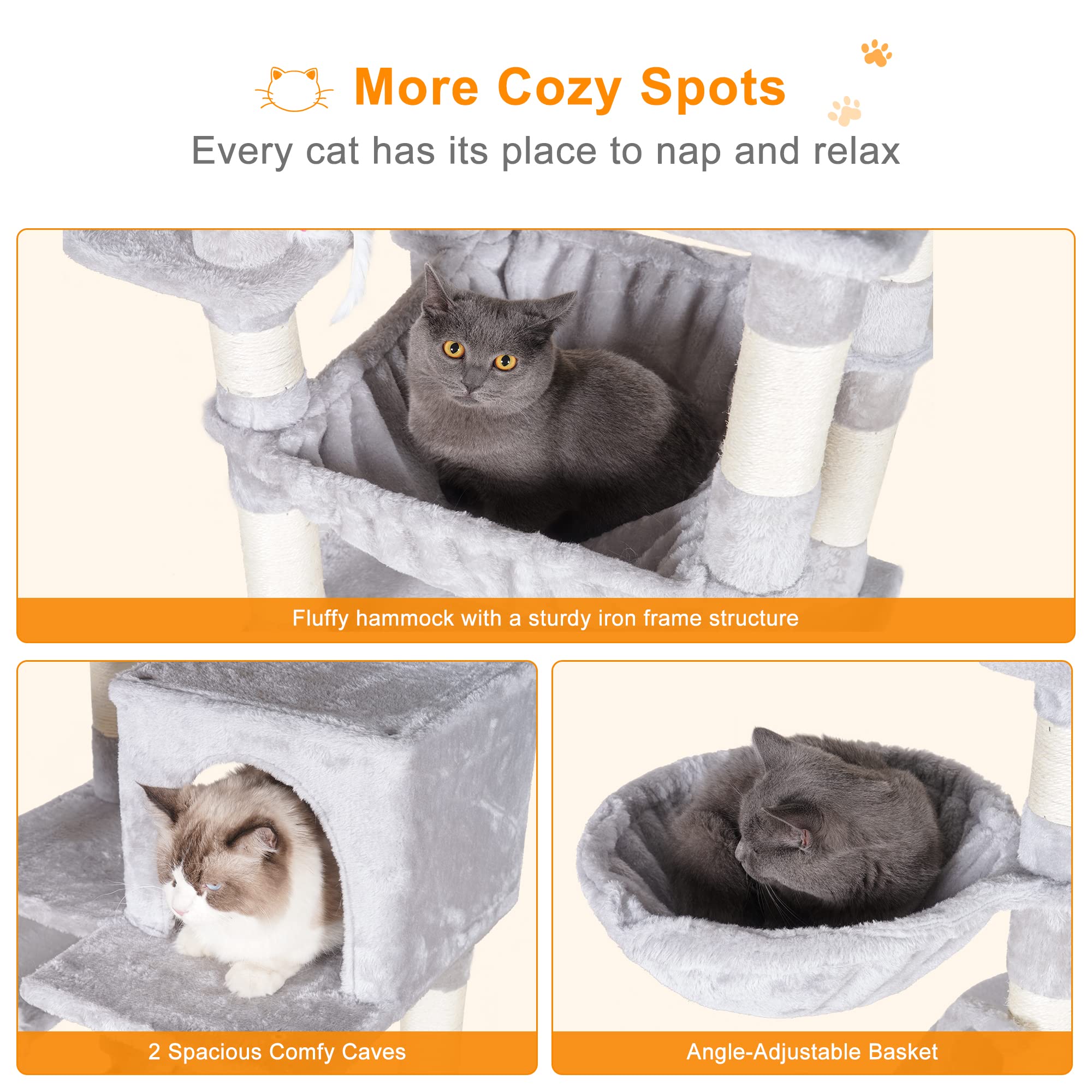 Heybly Cat Tree, 70 Inches Tall Cat Tower Condo With Toy For Indoor Large Cats, Cat House Furniture With Padded Plush Perch, Coz