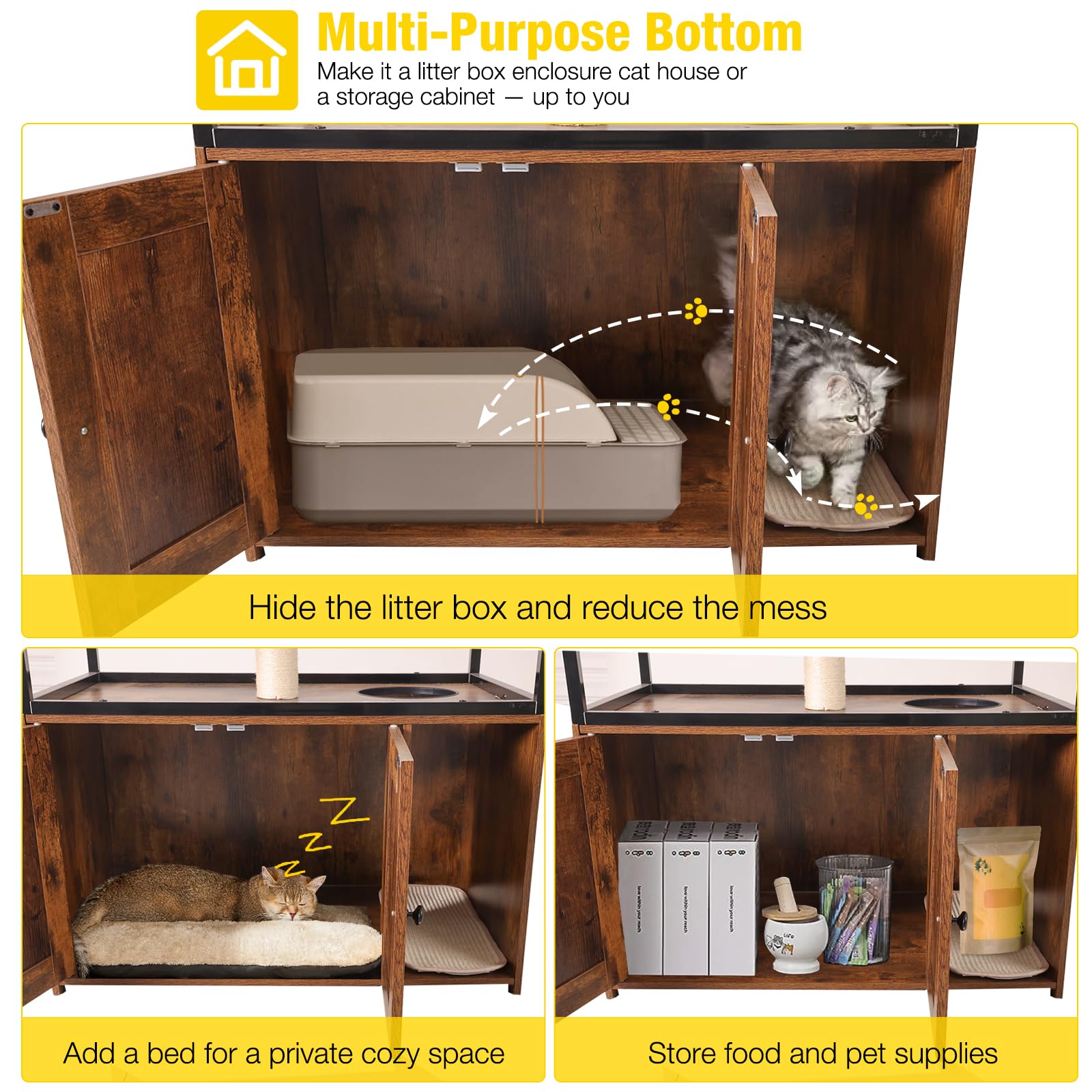 Aivituvin Wooden Cat Washroom Furniture - Enclosure With Hidden Litter Box, Condo, Hammock, Scratching Mat And Storage Shelves