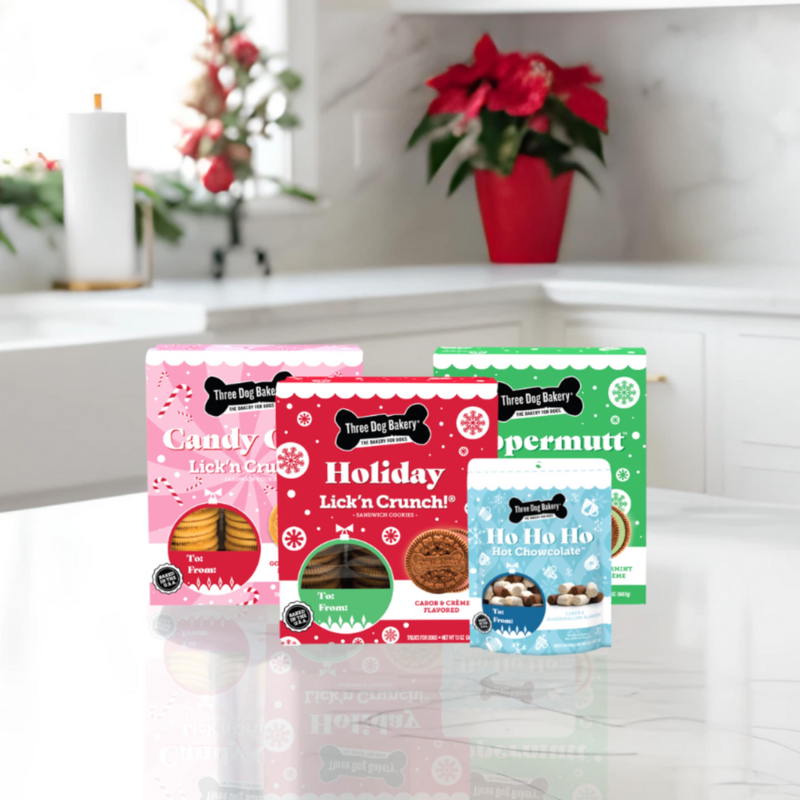 Three Dog Bakery Ho Ho Ho Hot Chowcolate - Festive Dog Treats, Carob & Marshmallow Wafers for Pups, Natural Dog Training Treats