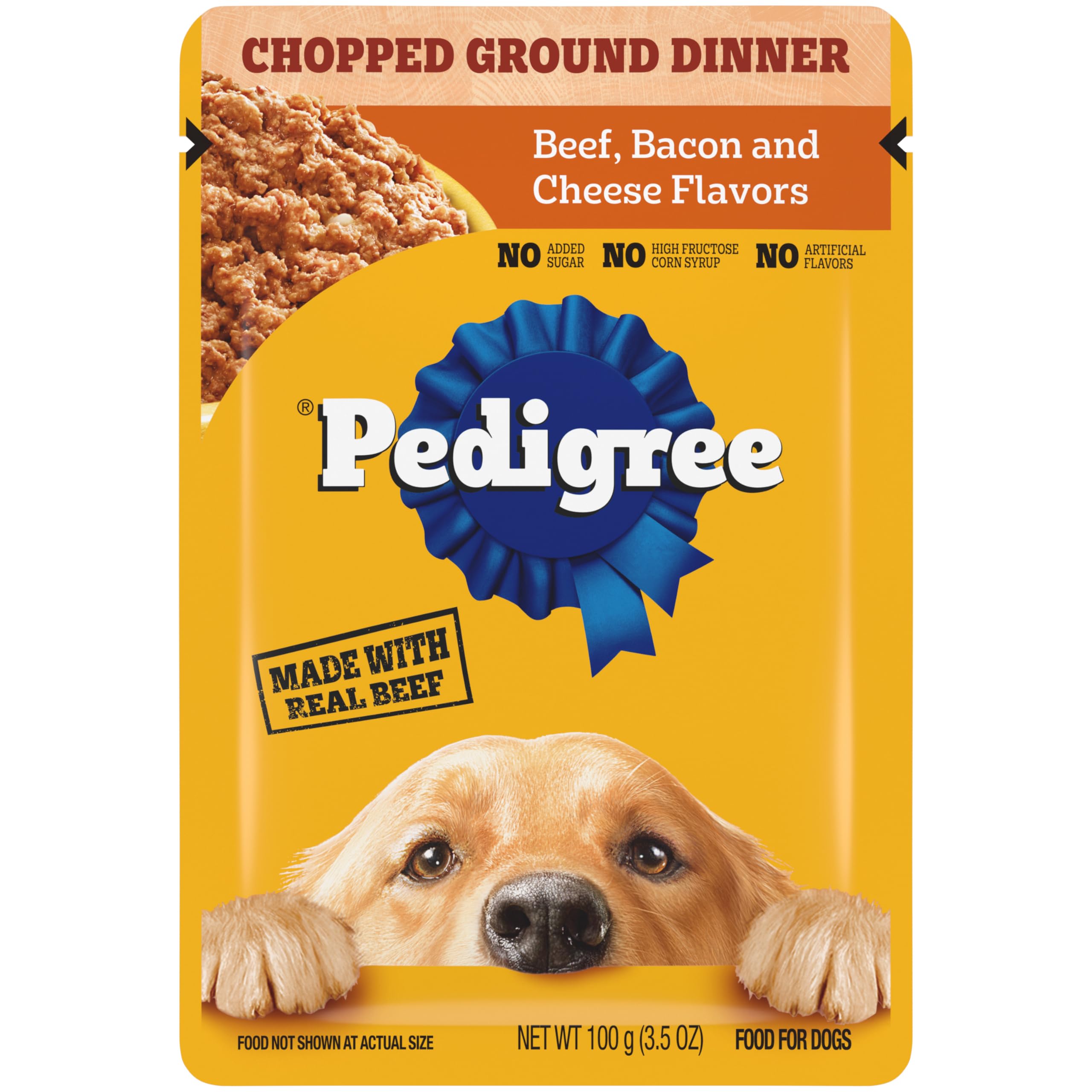 PEDIGREE CHOPPED GROUND DINNER Adult Soft Wet Dog Food, Beef, Bacon & Cheese Flavors, 3.5 oz Pouches, 16 Pack