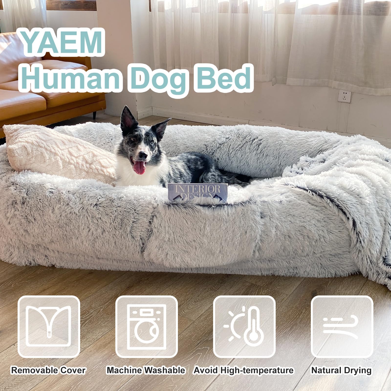 Yaem Human Dog Bed Fits You And Pets For People Doze Off, Washable Faux Fur Napping Orthopedic Dog Bed, Present Plump Pillow, Bl