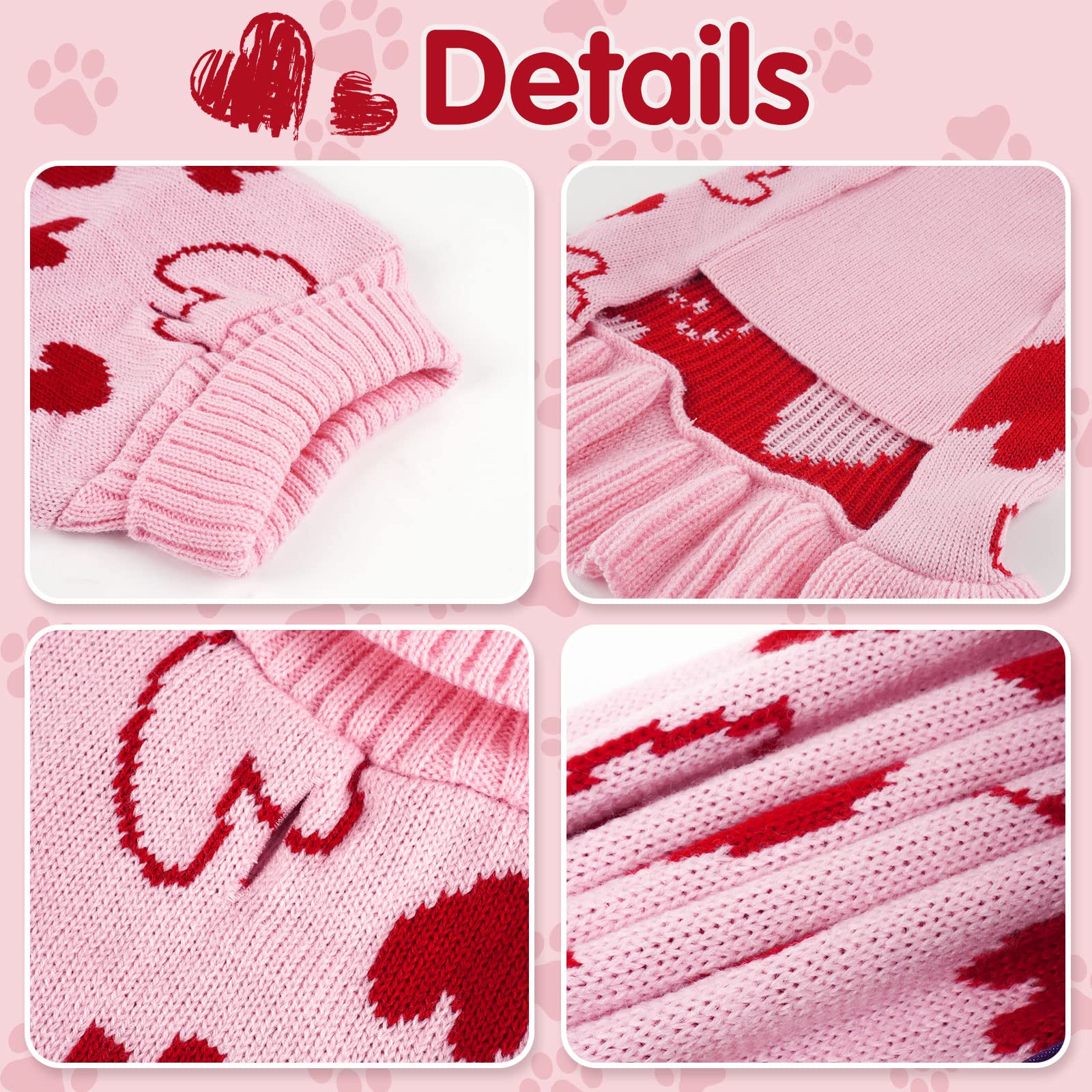 Cyeollo Valentines Day Dog Sweater Dress Dog Clothes Pullover Turtleneck With Leash Hole Heart Pattern Holiday Theme Female Pet Apparel For Small Dogs