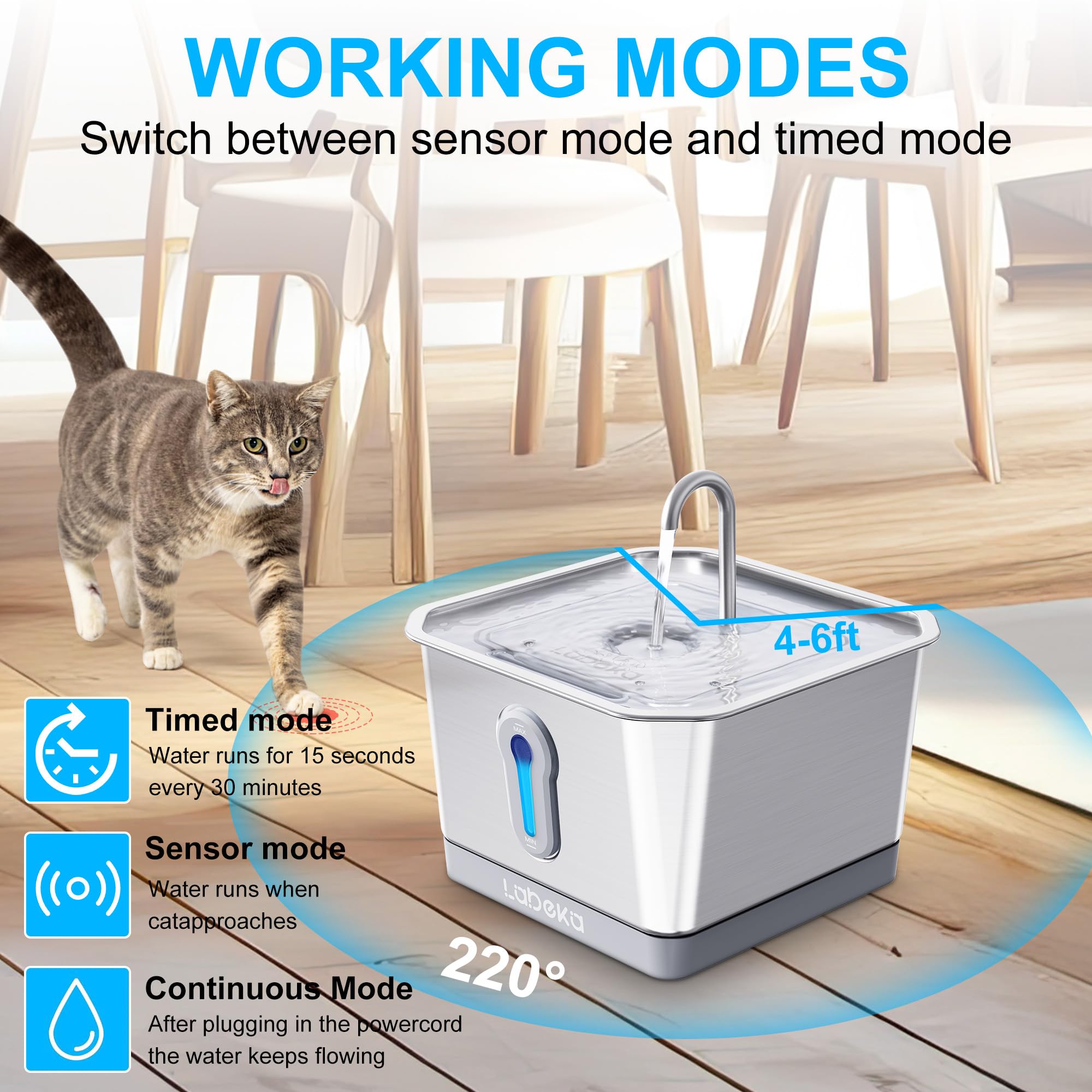 Labeka Wireless Cat Water Fountain Stainless Steel, 4L/135Oz Battery Operated Cat Fountain With Radar Sensor And Base, Automatic