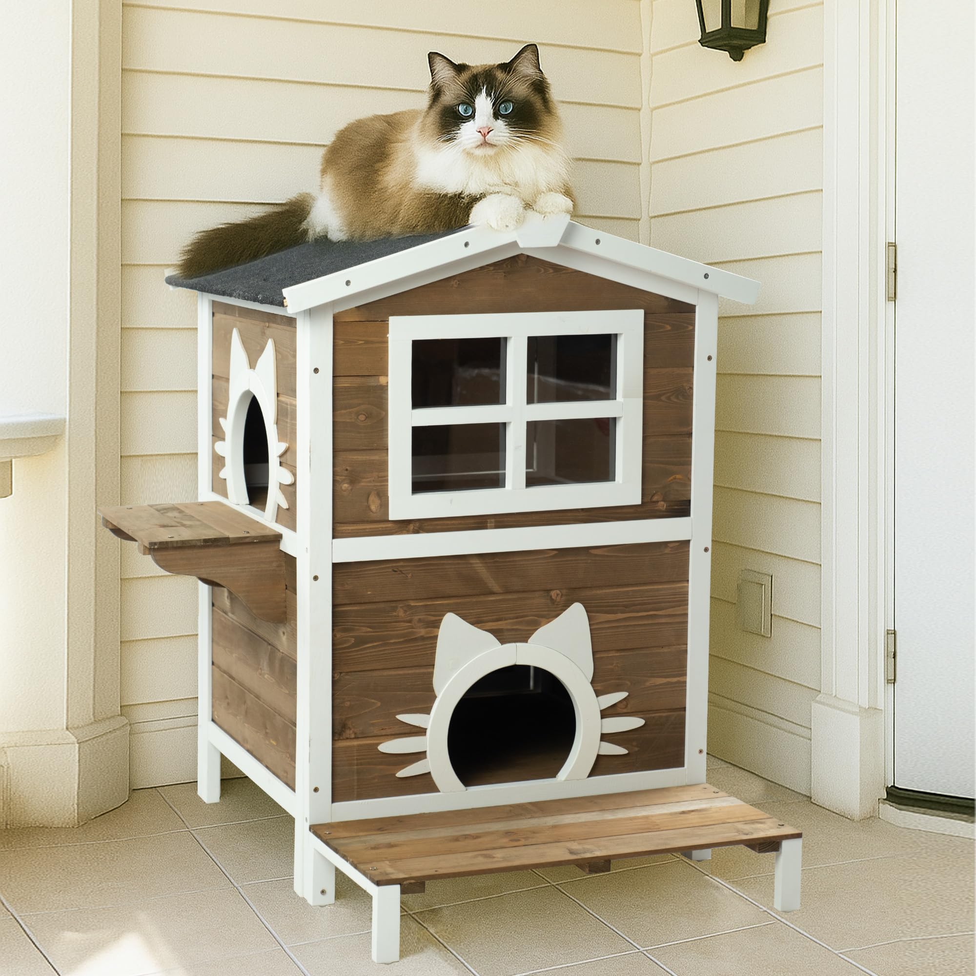 Cukitty Large Outdoor Cat House, 2-Level Weatherproof Spruce Wood, 32W x 22.75D x 36H inches, Gray
