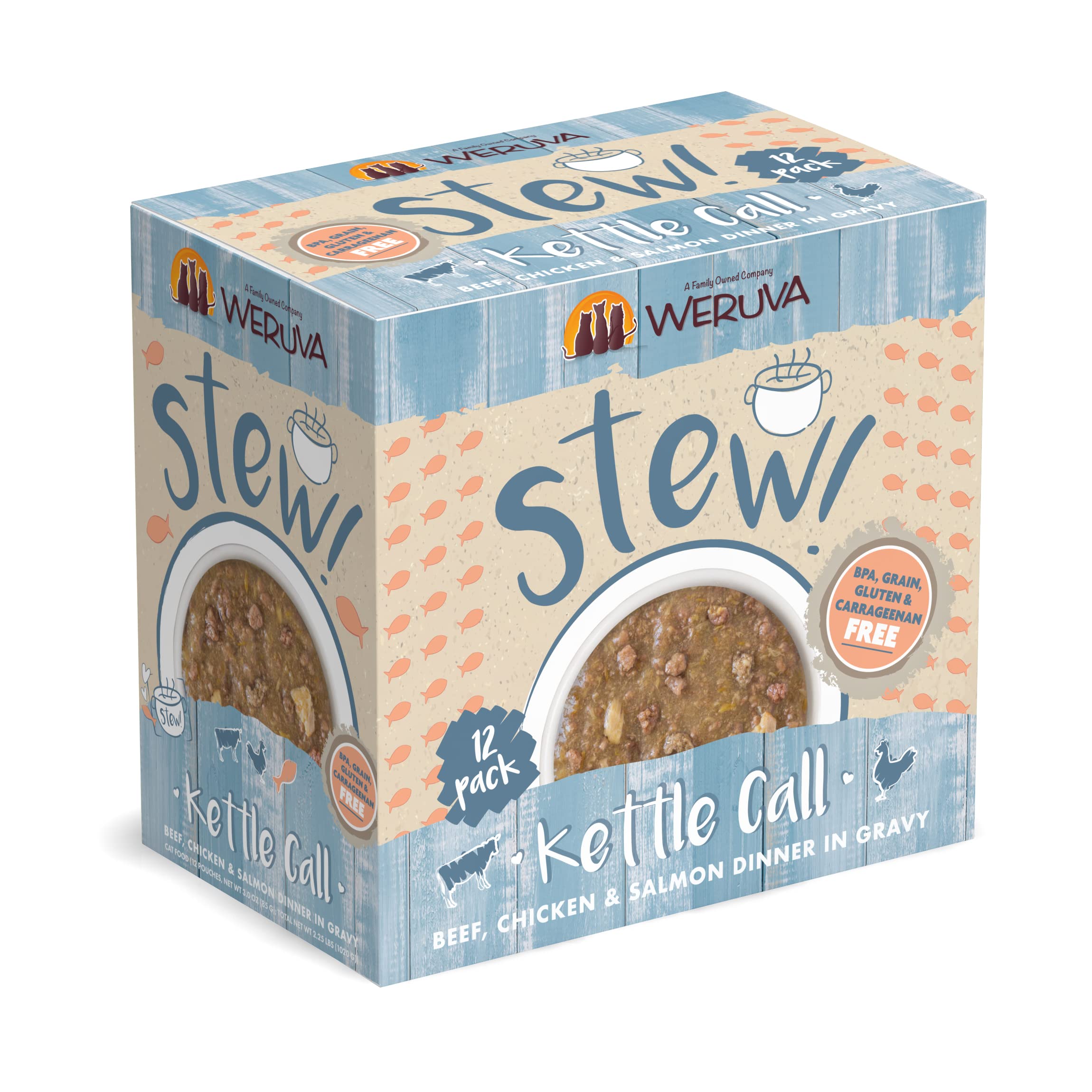 Weruva Classic Cat Stews!, Kettle Call with Beef, Chicken & Salmon in Gravy, 3oz Pouch (Pack of 12)