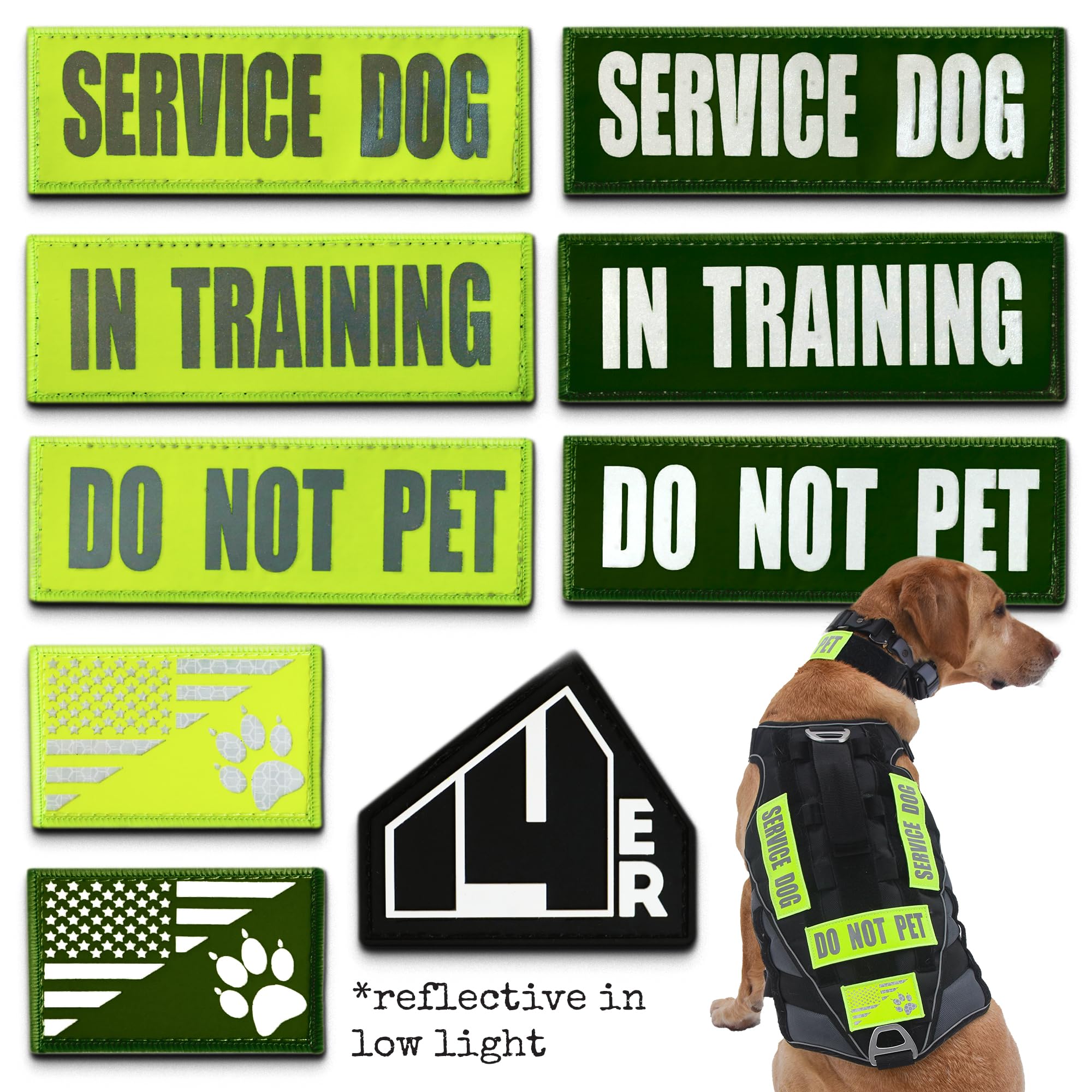 14Er Tactical Reflective Service Dog Patches | Do Not Pet Patch, Service Dog In Training Patches, Dog Collar Patch | Service Dog Vest Patches, Dog Patches For Harness | Service Dog Patch Set (9-Pack)