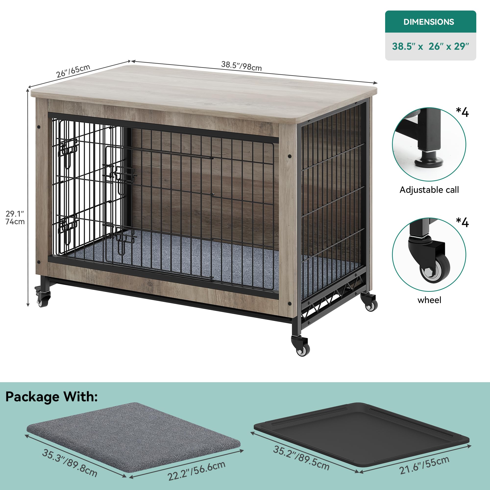 Dwvo Dog Kennel Furniture With Cushion, 38 Wooden Dog Crate Furniture With Wheels, Dog Crate End Table With Tray, Dog Cage Wit