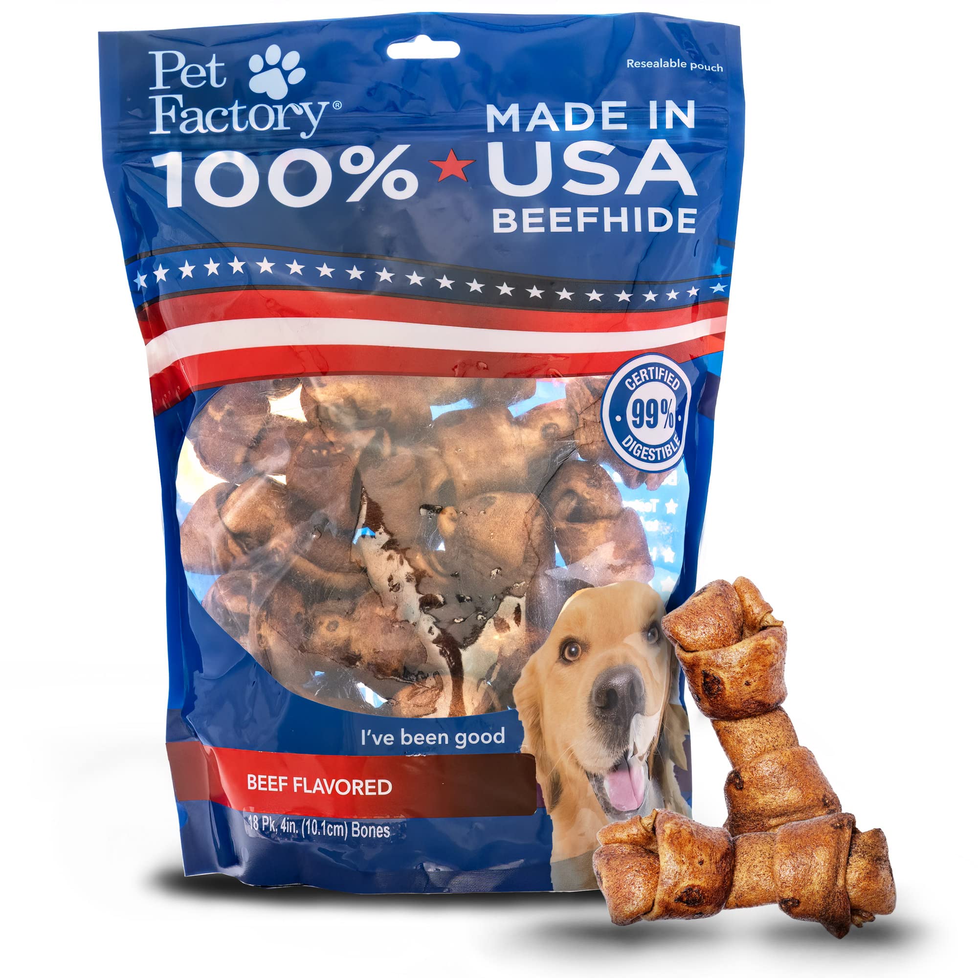 Pet Factory 100% Made in USA Beefhide 4 Knotted Bones Dog Chew Treats - Beef Flavor, 18 Count/1 Pack