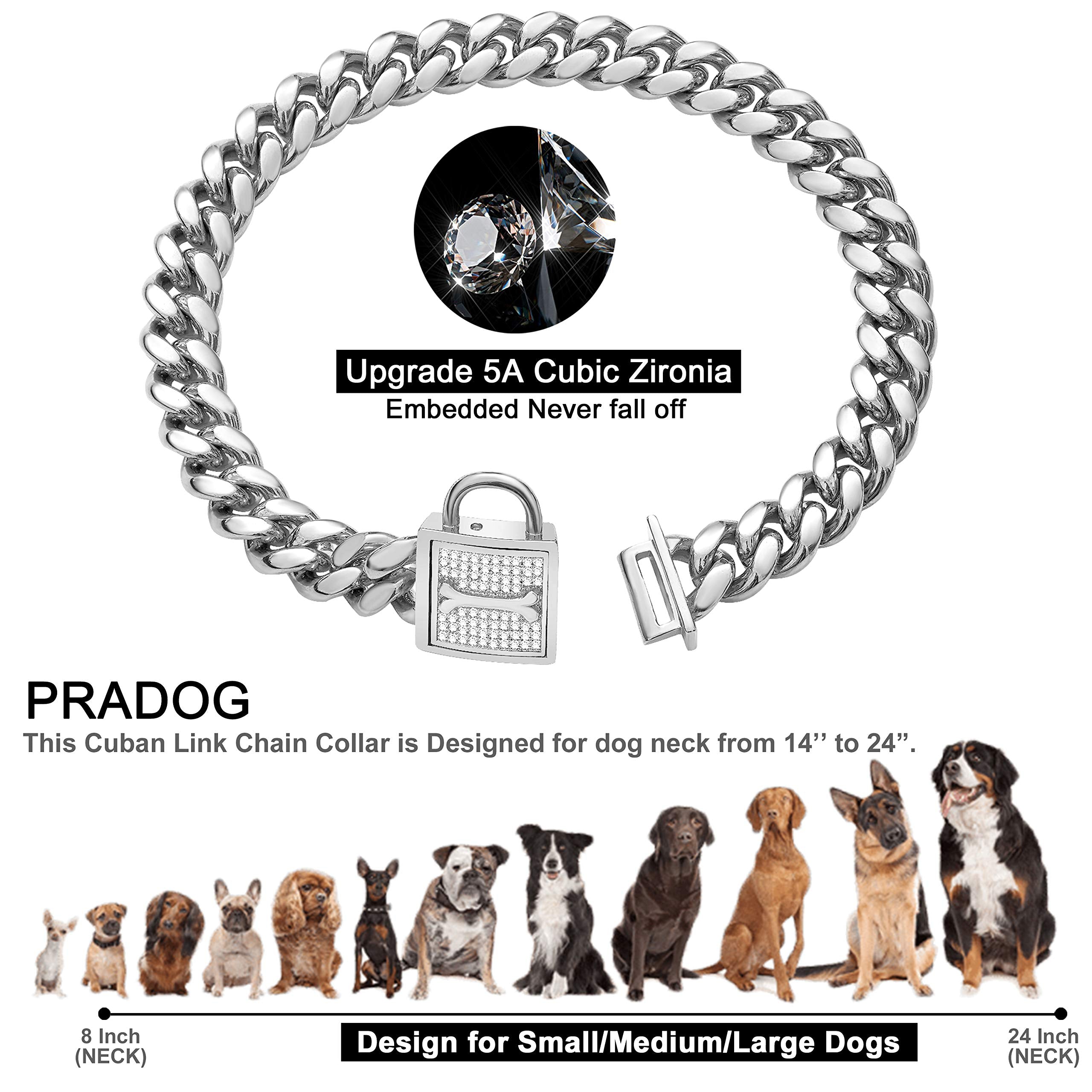 Pradog Chain Dog Collar With Zirconia Locking 12Mm High Polished Cuban Link Chain Metal Stainless Steel Dog Walking Puppy Collar Luxury Dog Bling Necklace(12Mm, 10')