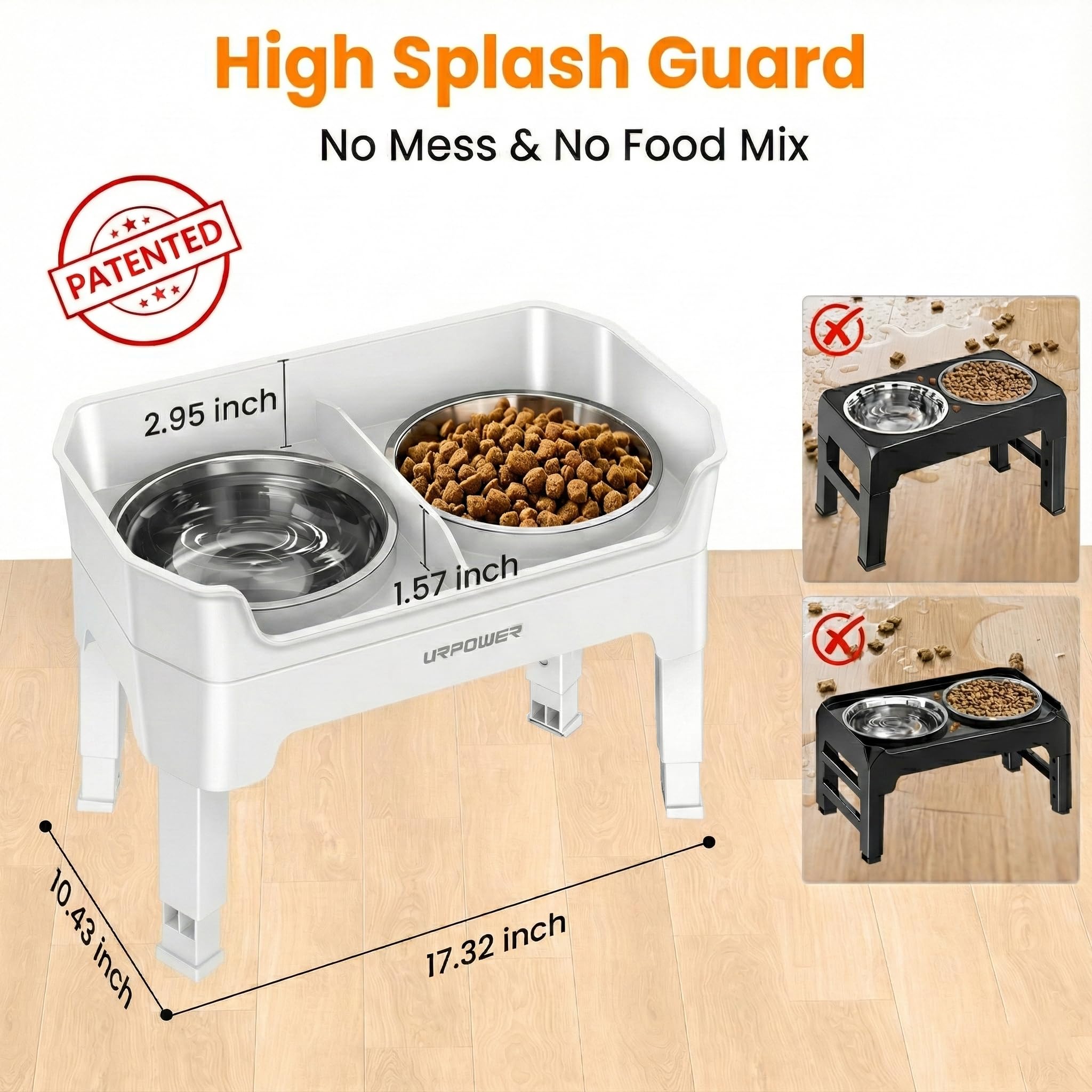 URPOWER 3-in-1 Elevated Dog Bowls - Mess Proof Double Deck 4 Height Adjustable Raised Stand with 2 Stainless Steel Food Bowls &
