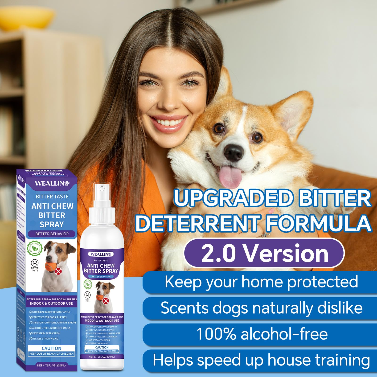 Weallin Upgrade No Chew Spray For Dogs - 6.76 Fl Oz Bitter Apple Spray For Dogs, Stops Chewing And Licking, Dog Deterrent Spray