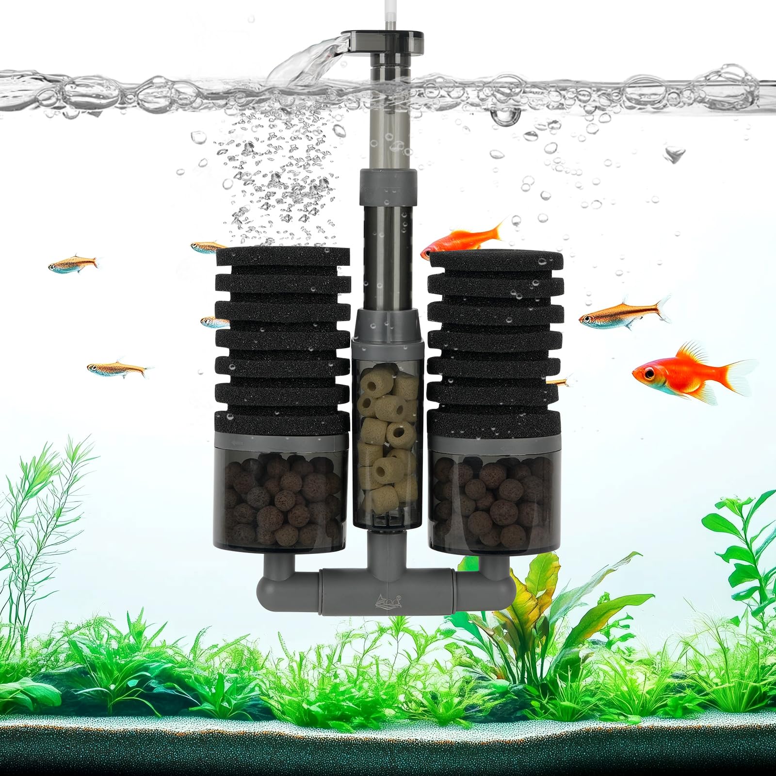 AQQA Aquarium Filter, Dual Sponge Fish Tank Filters, Multi-Stage Filtration Clean Water, Adjustable 360Water Outlet, Air Stone D